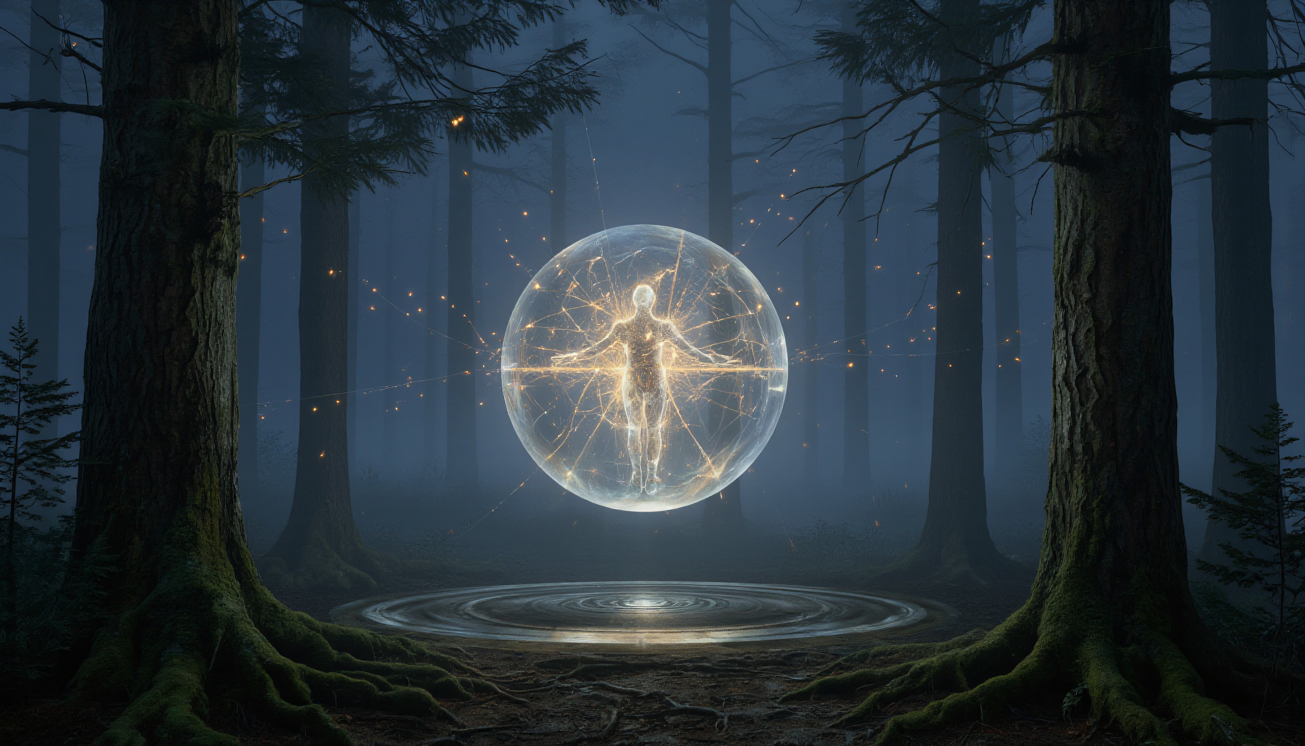 Glowing Human Figure Inside Magical Forest Orb Spheres