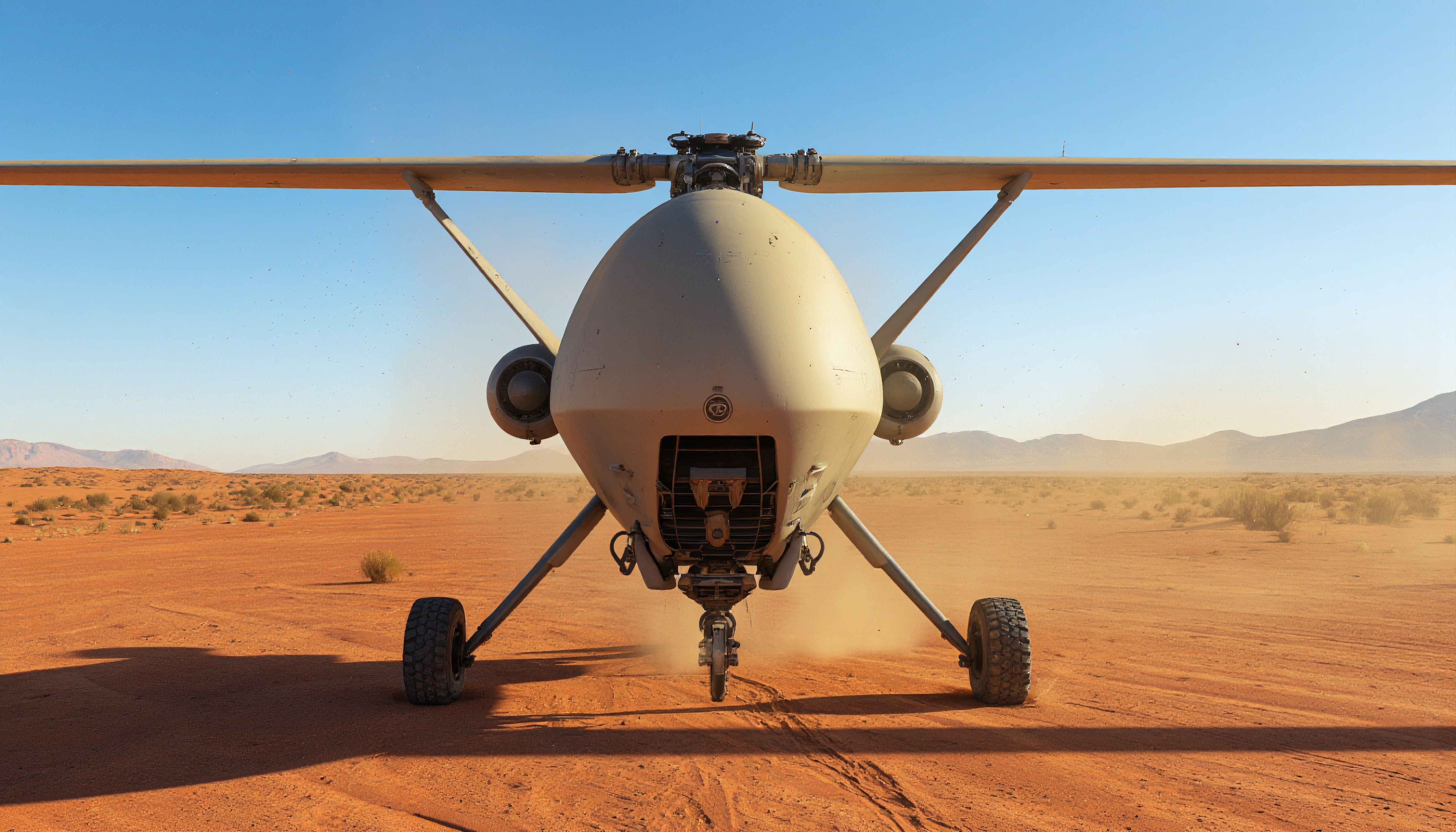 Military drone on desert runway preparing for mission