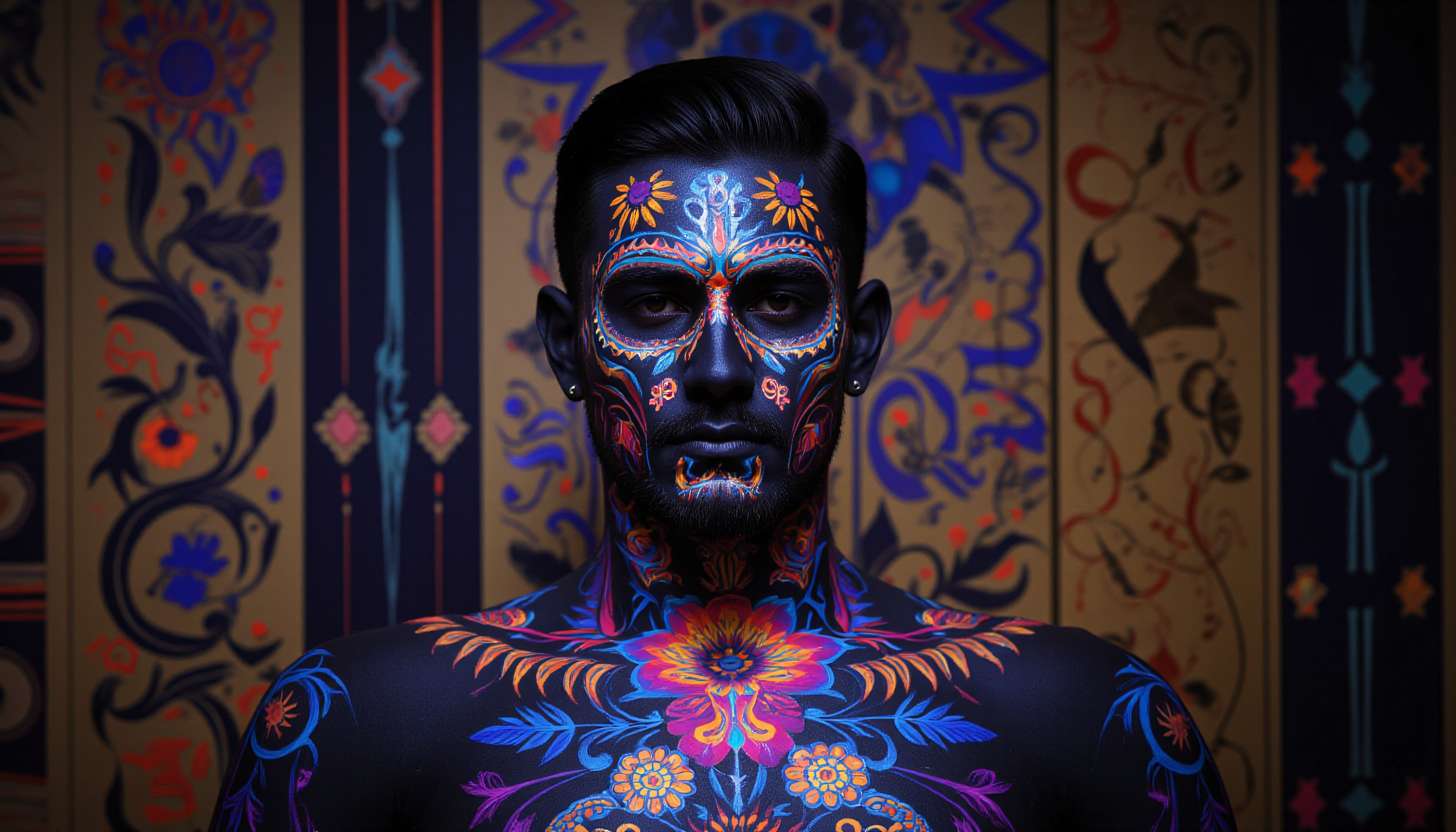 Colorful neon body and face art featuring detailed floral and geometric designs against a dark background.