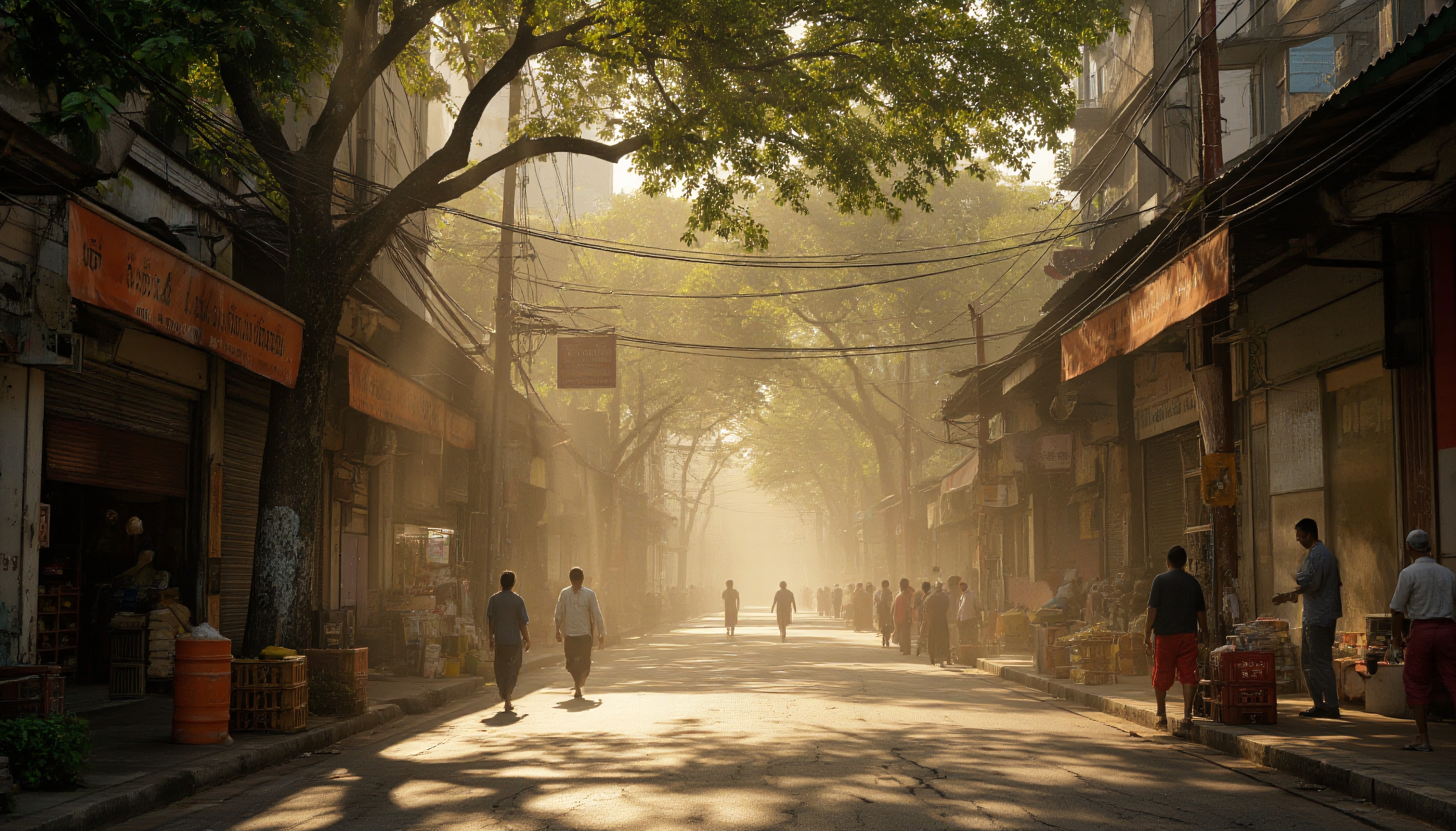 A bustling urban street with people walking beneath lush green trees in dappled morning sunlight.