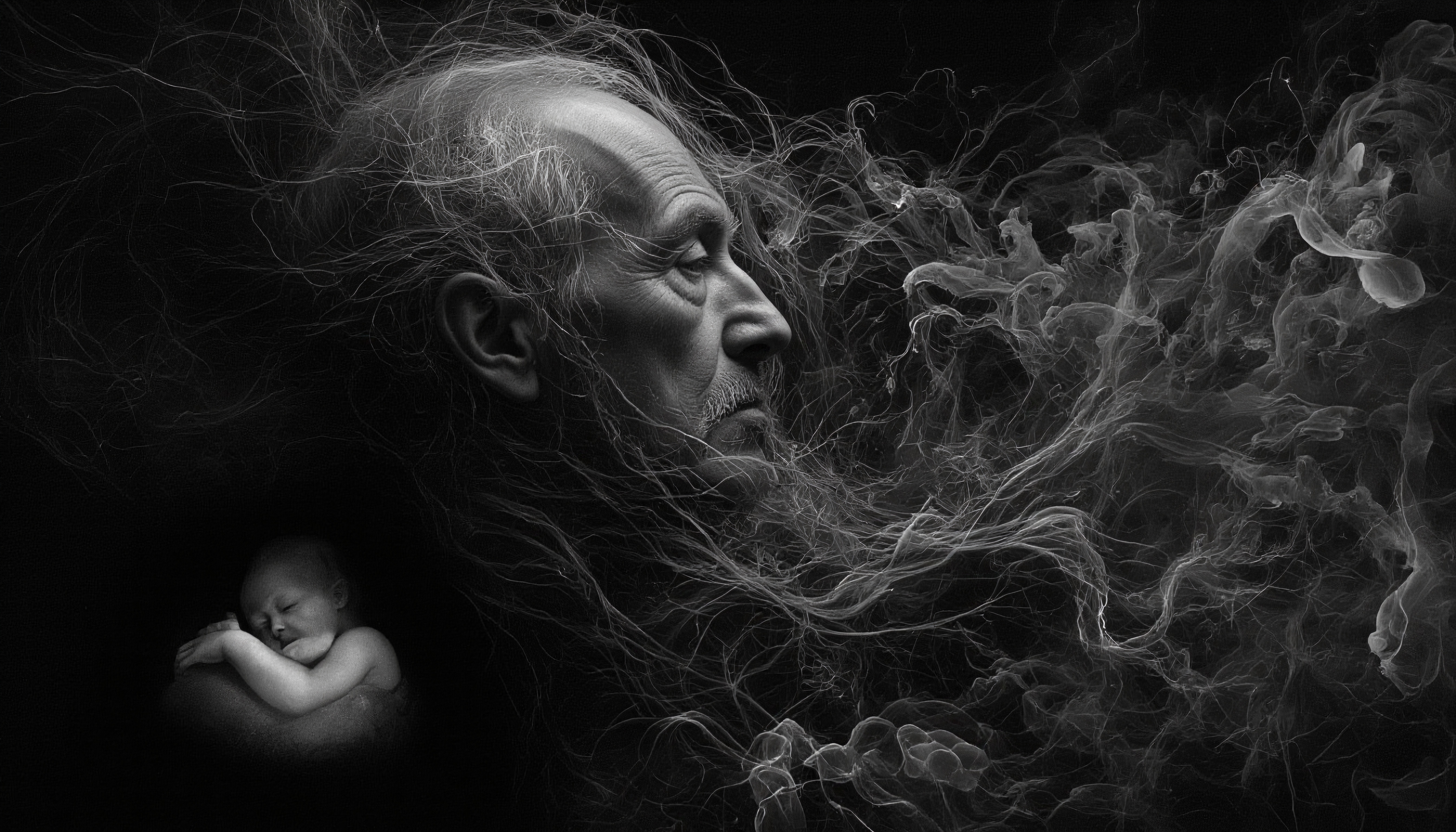 A black and white image depicting an elderly man whose hair flows into smoke, with a sleeping baby nestled within.
