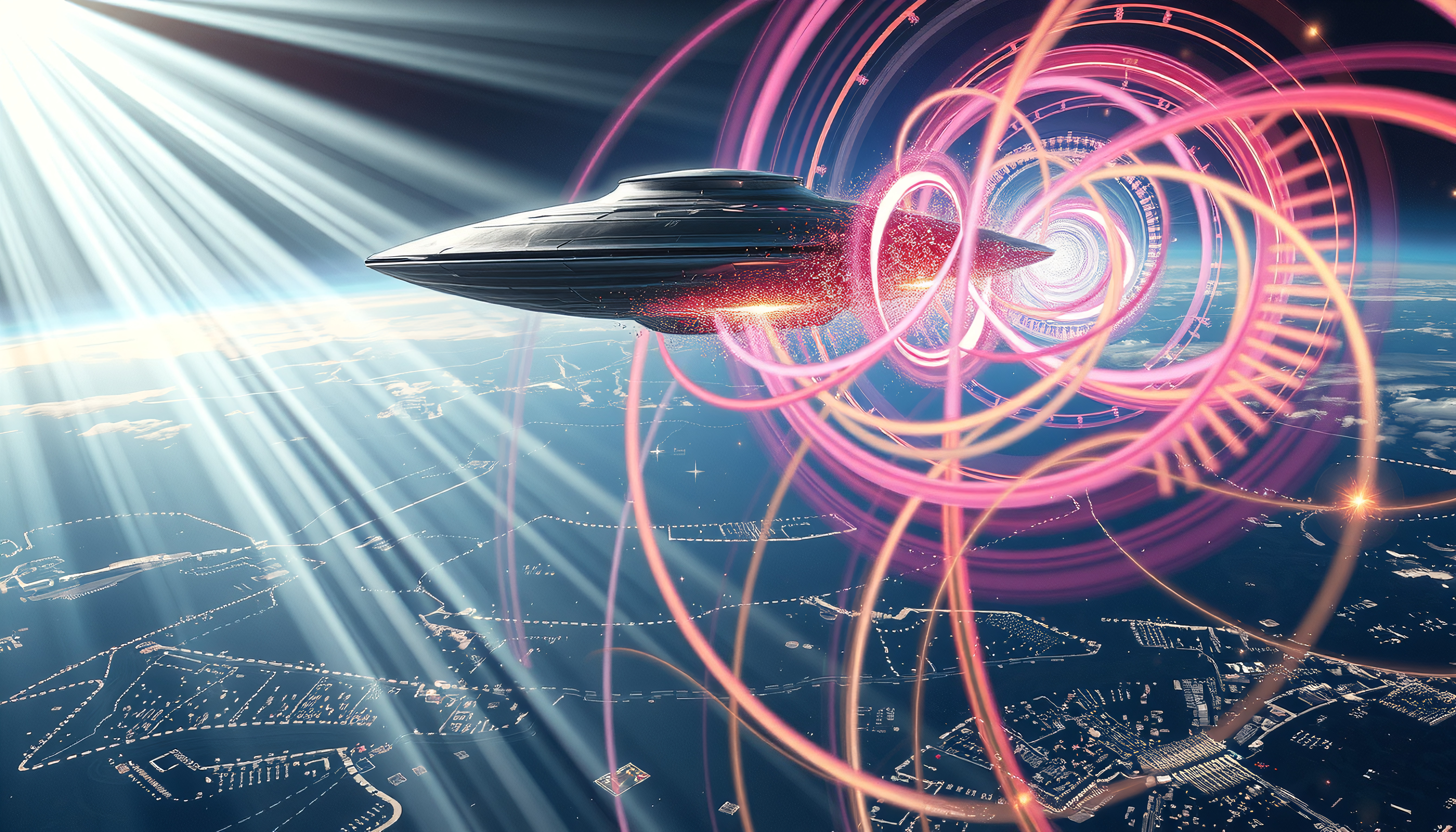 Futuristic alien spacecraft hovering over Earth emitting colorful energy portals amidst dramatic sunlight beams