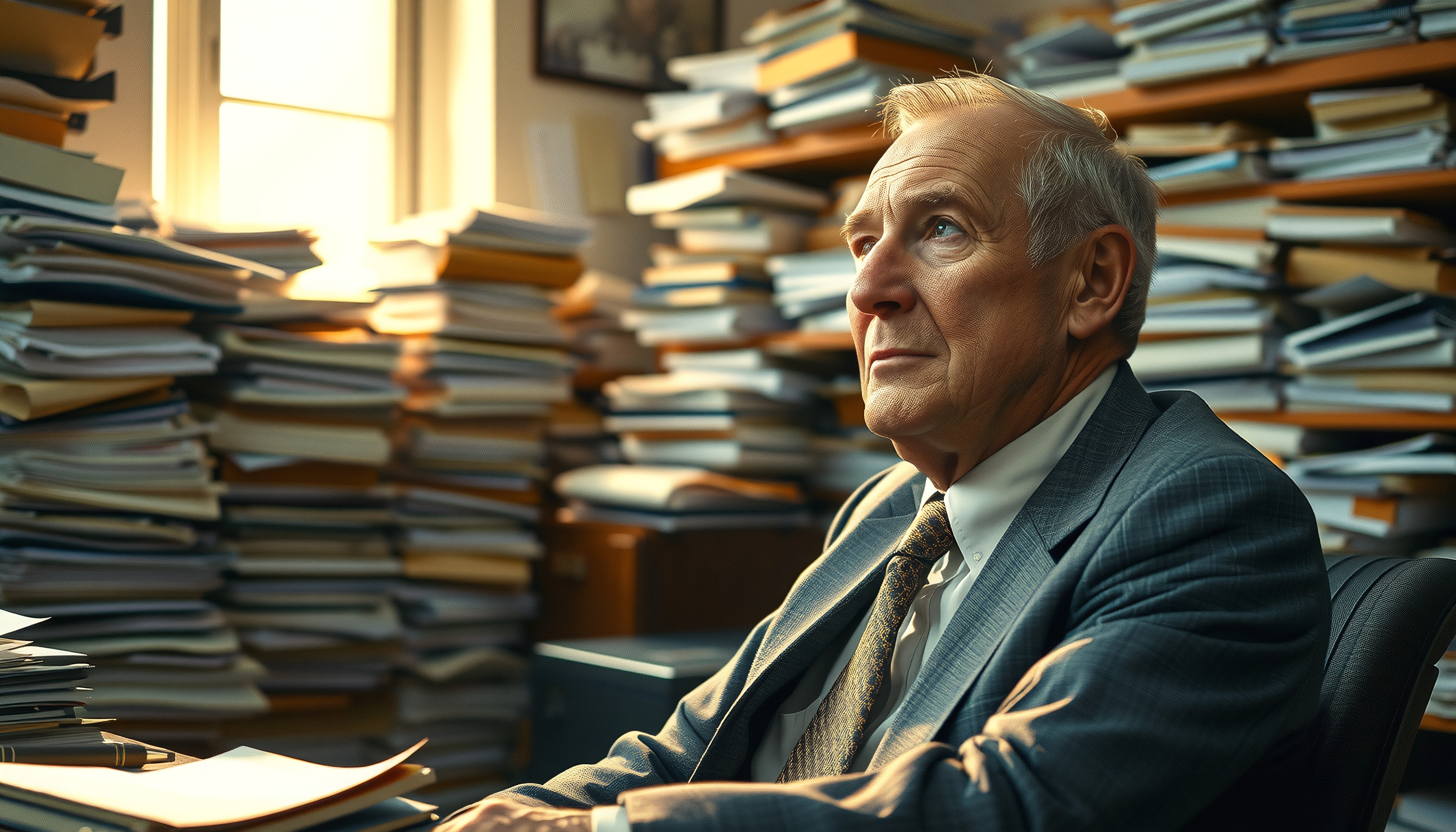 Elderly man in office with numerous stacks of paperwork.