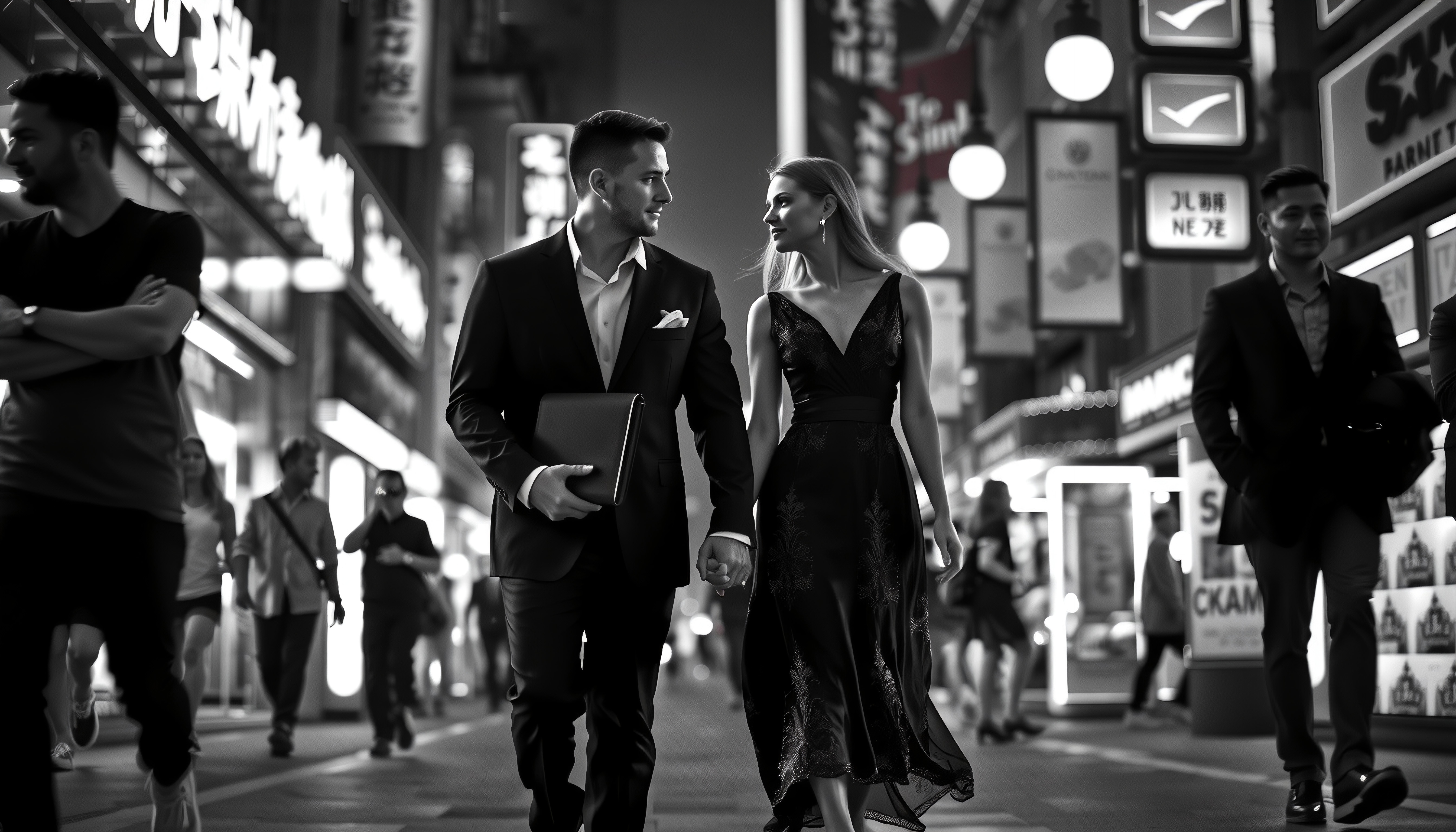 A couple in formal attire walks hand in hand through a bustling city street at night, illuminated by bright city lights in a black and white scene.