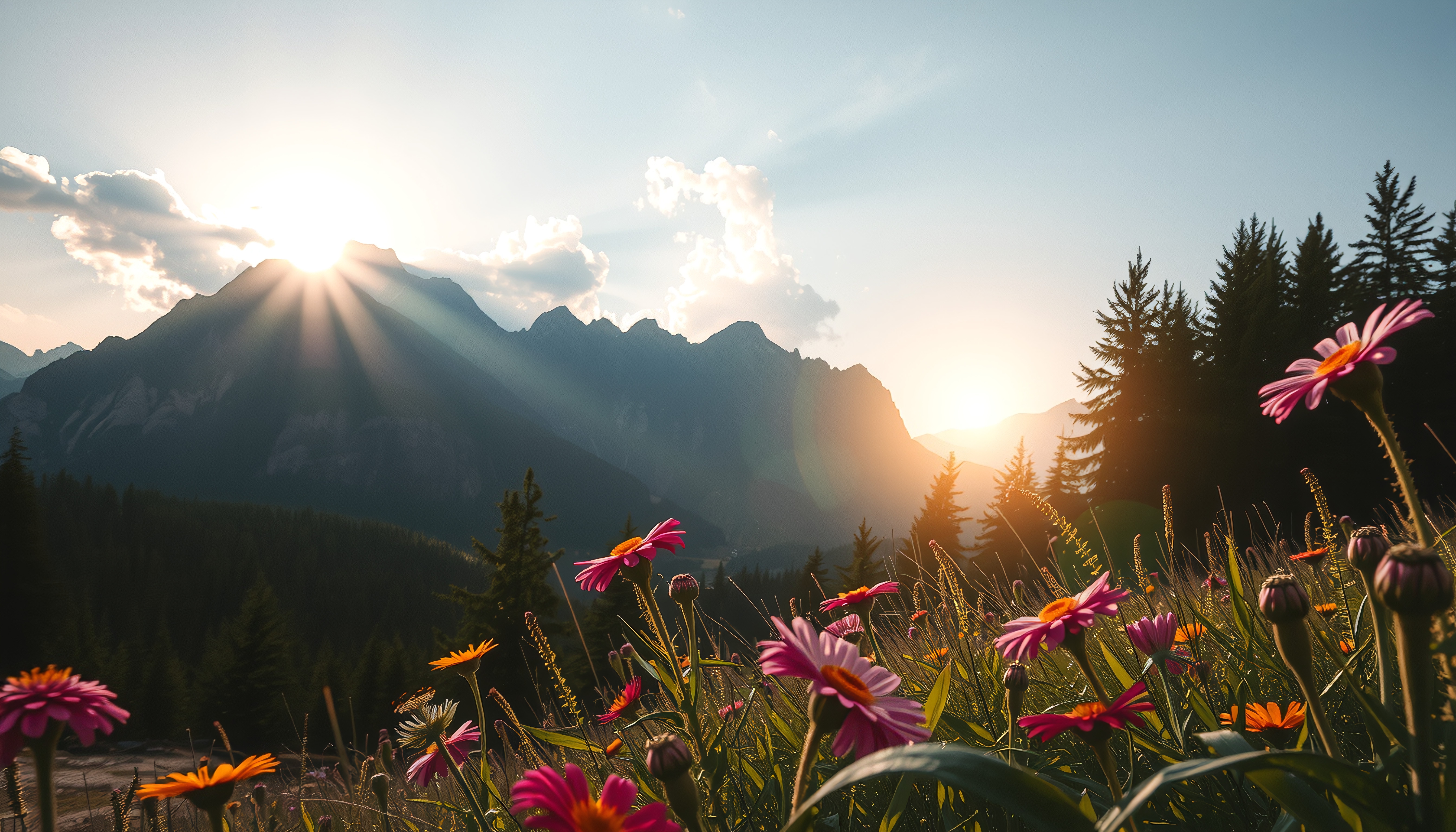 A picturesque mountain meadow with colorful wildflowers at sunset.
