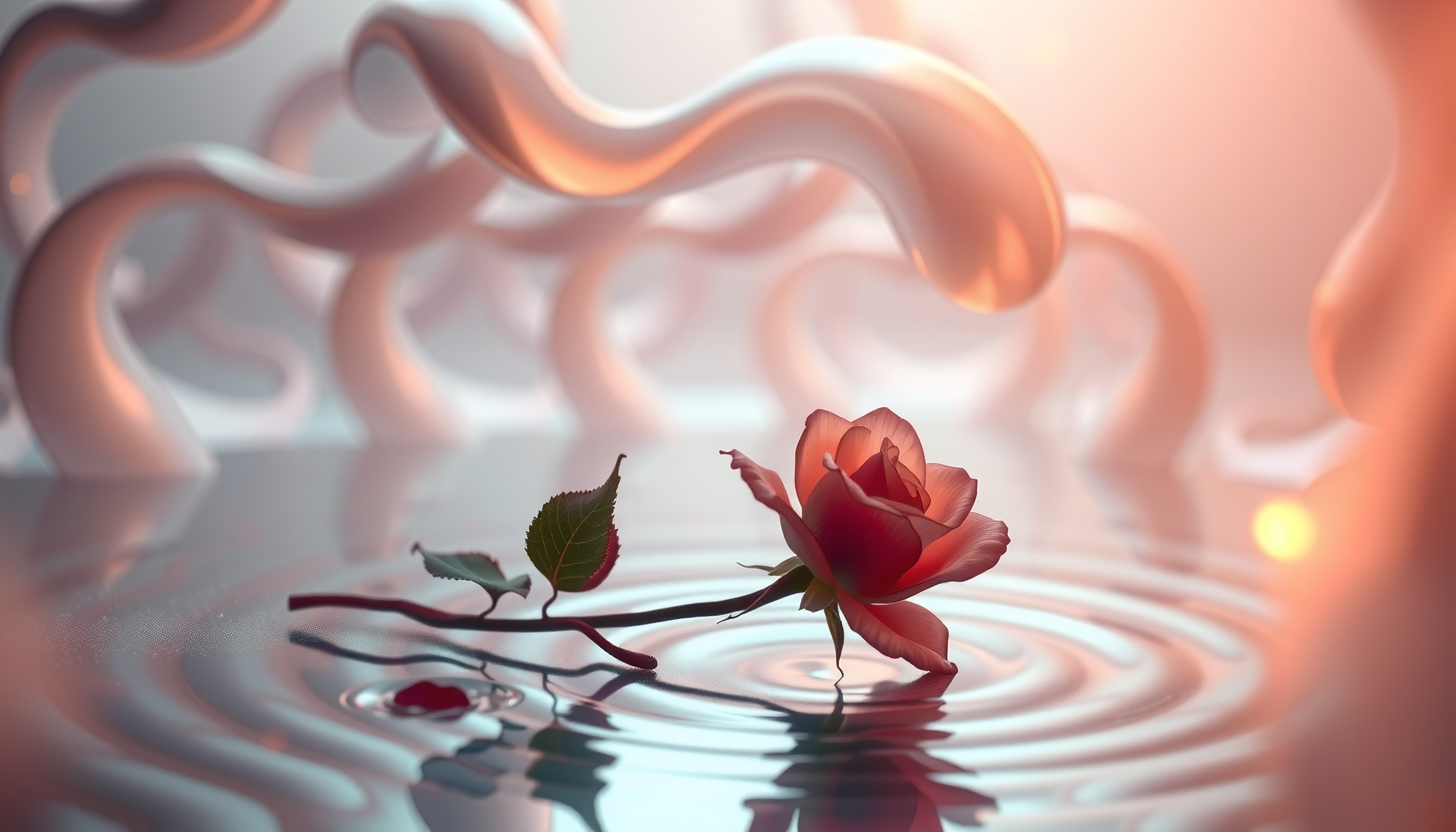 A delicate rose floats serenely, creating ripples surrounded by abstract shapes.