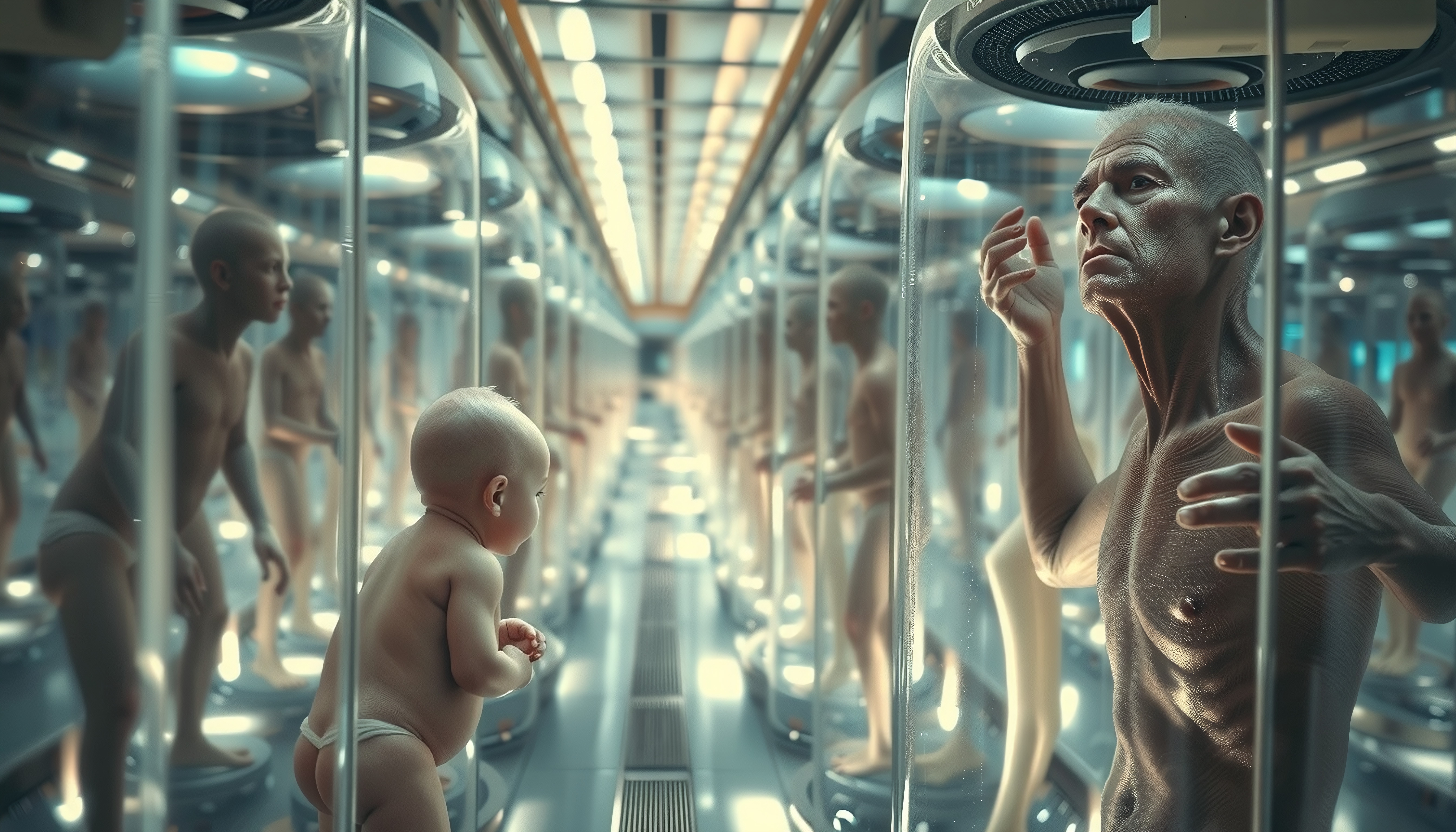 Futuristic scene of humanoid figures in cloning lab.