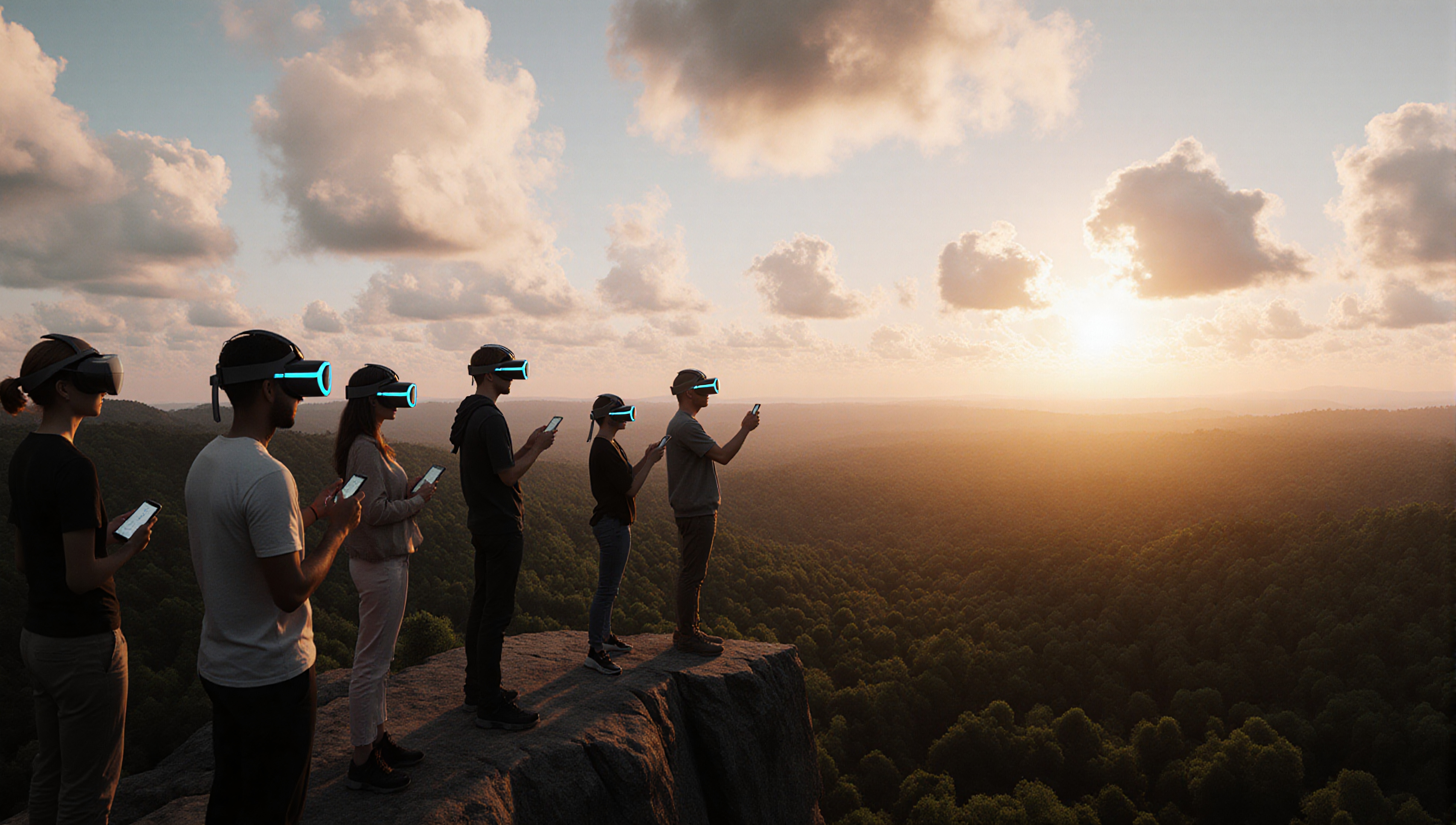 A group using VR headsets stands on a cliff at sunset, overlooking a vast forest.