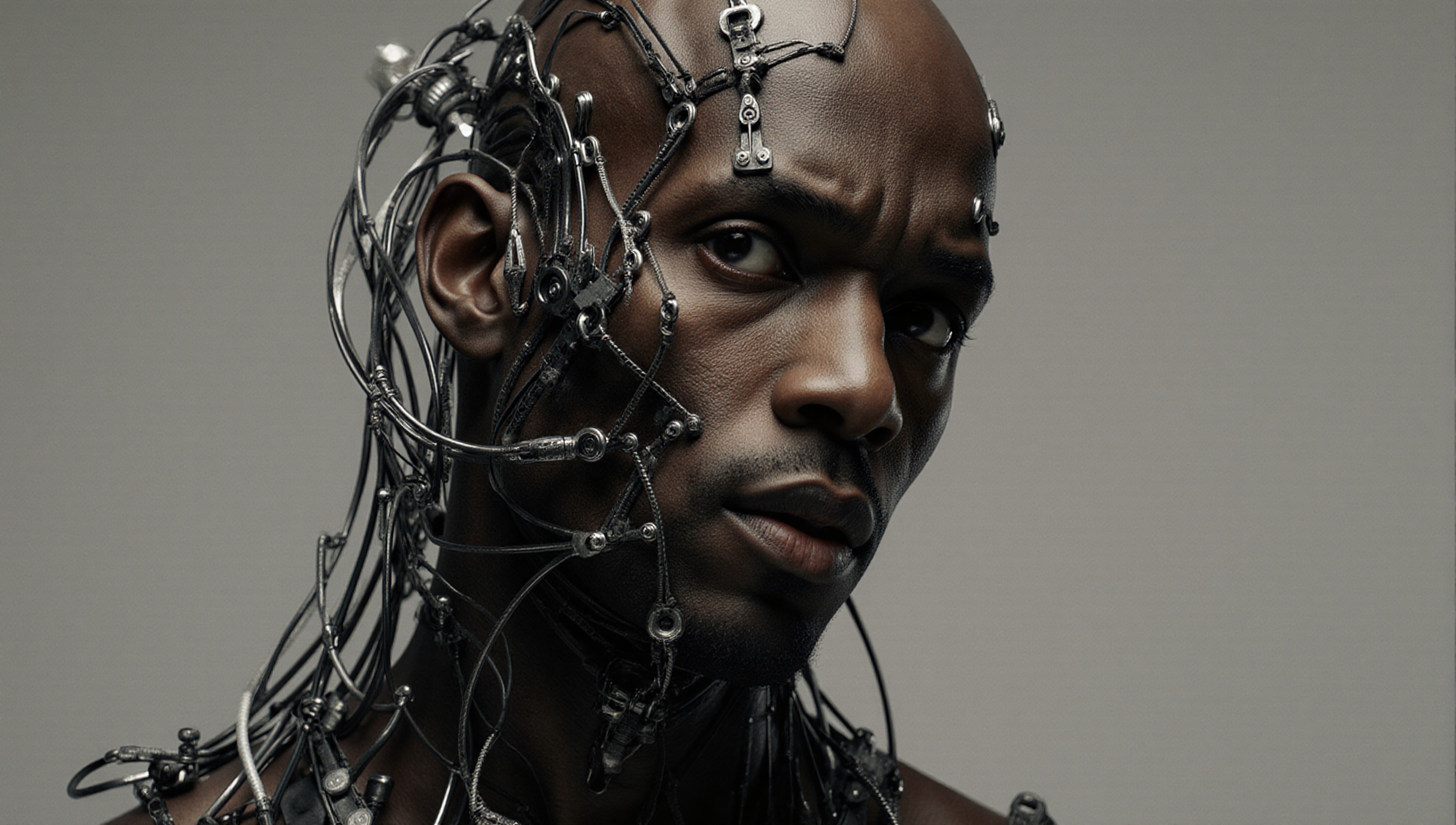 A man with a futuristic, robotic appearance featuring intricate mechanical details integrated into his skin.