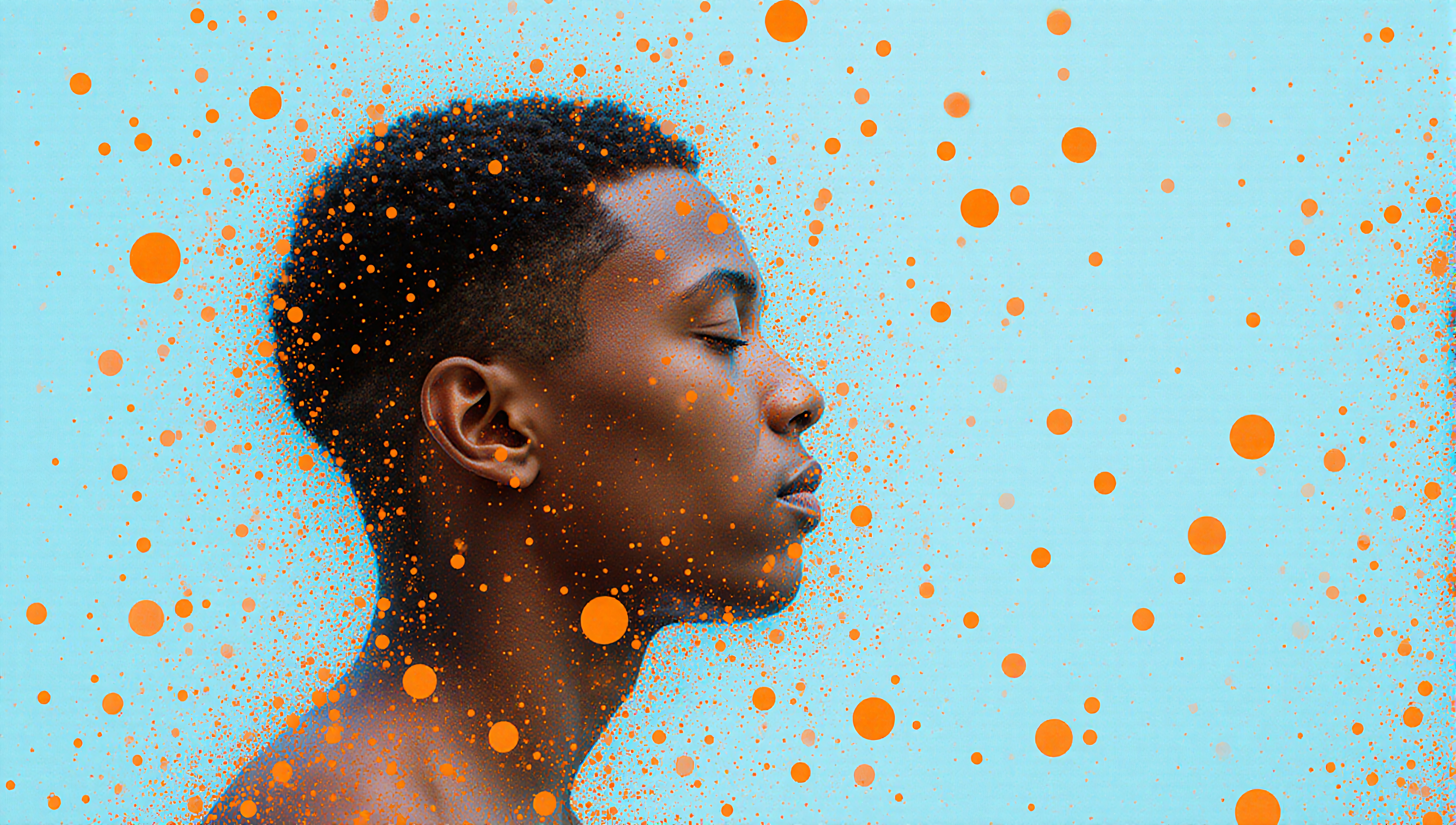 Portrait of a serene person with closed eyes, surrounded by orange abstract dots on a turquoise background.