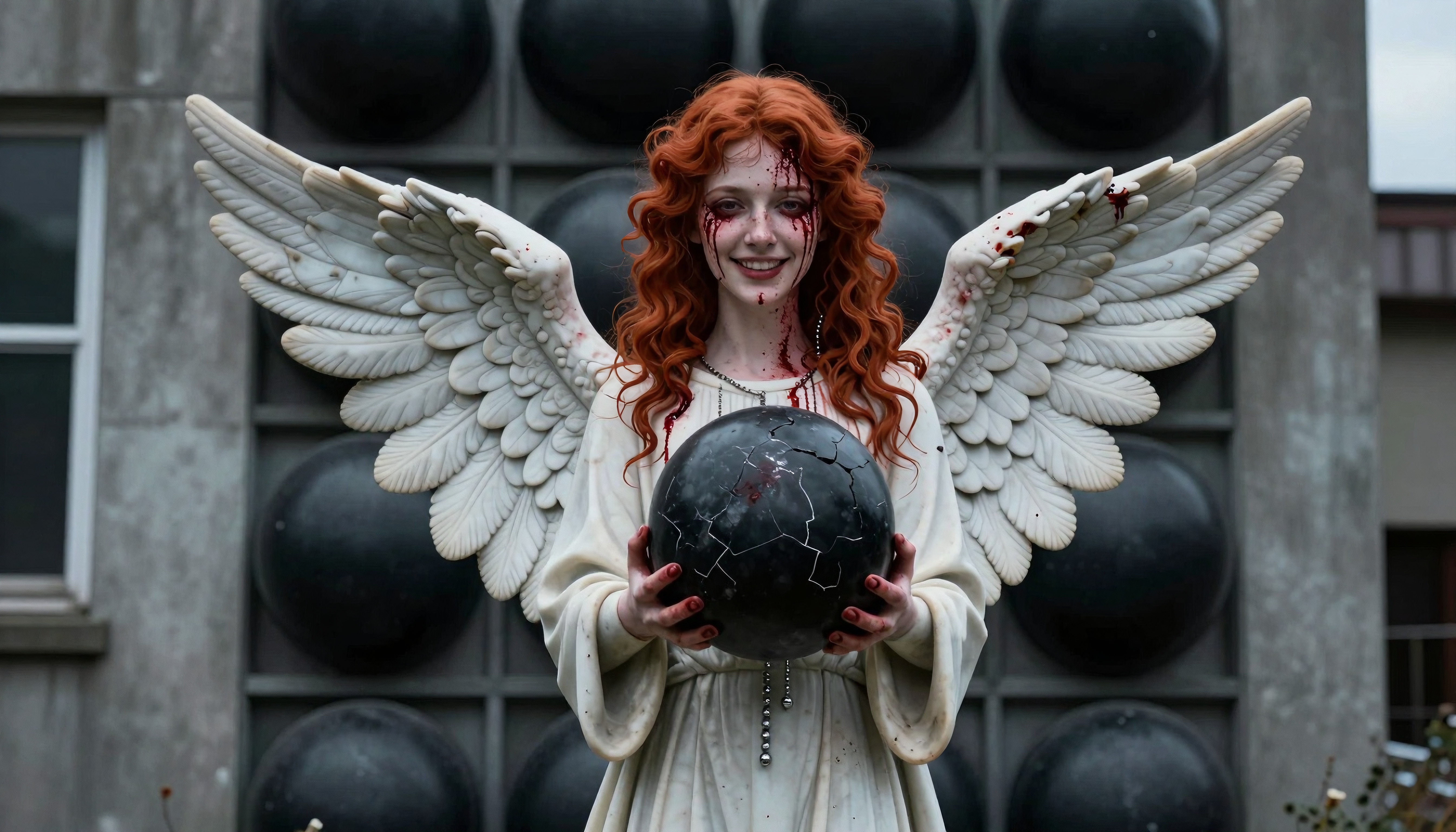 A marble angel statue with red hair, wings spread, holding a cracked dark orb in a modern setting.