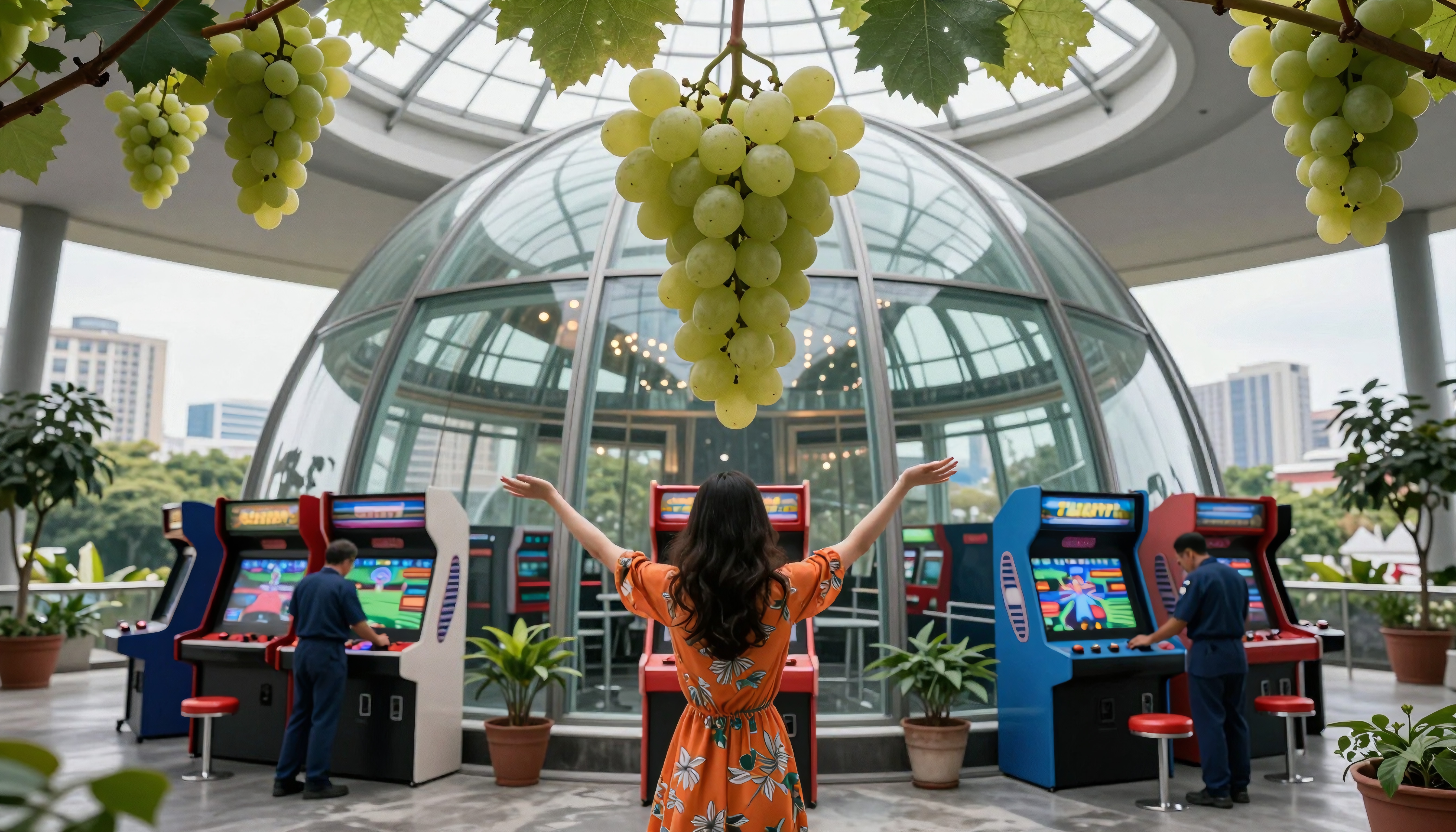 Woman admiring arcade machines under a glass dome with hanging artificial grapes.