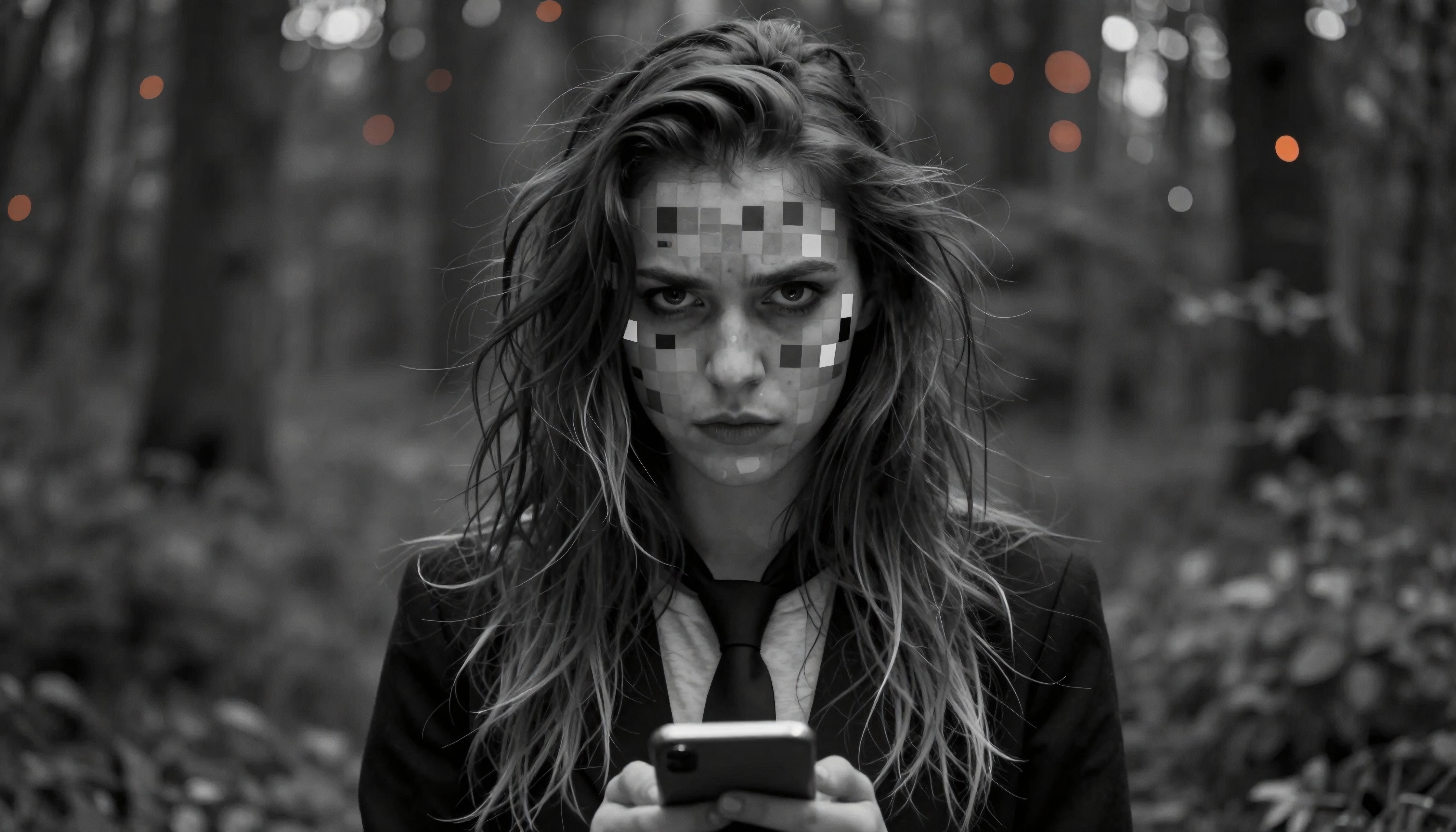 Image of a woman in a suit with a pixelated face in grayscale, holding a smartphone in a forest with a blurred, bokeh background.