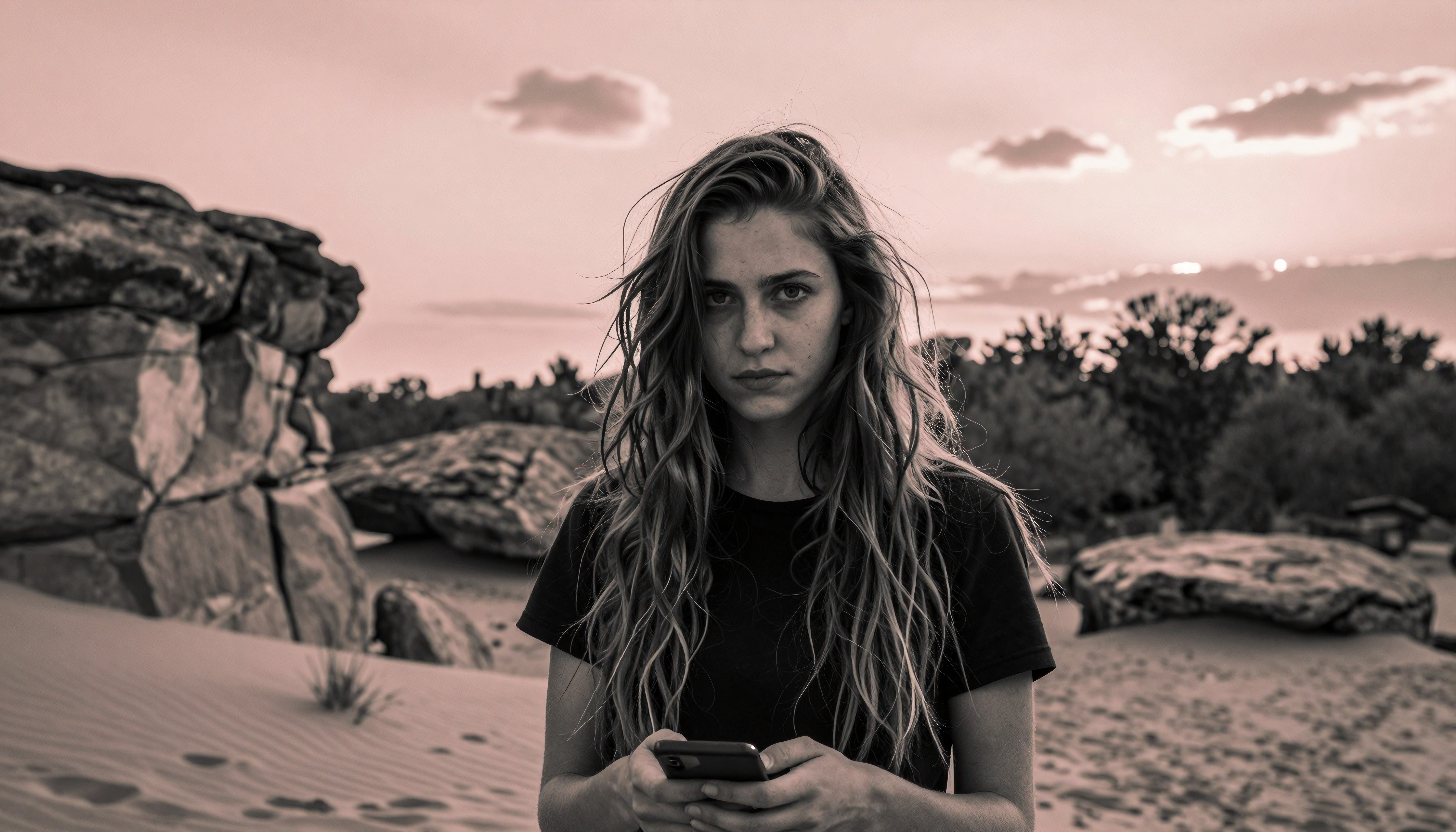 A young woman with a serious expression holds a phone in a desolate desert, surrounded by rocks and a cloudy sky.