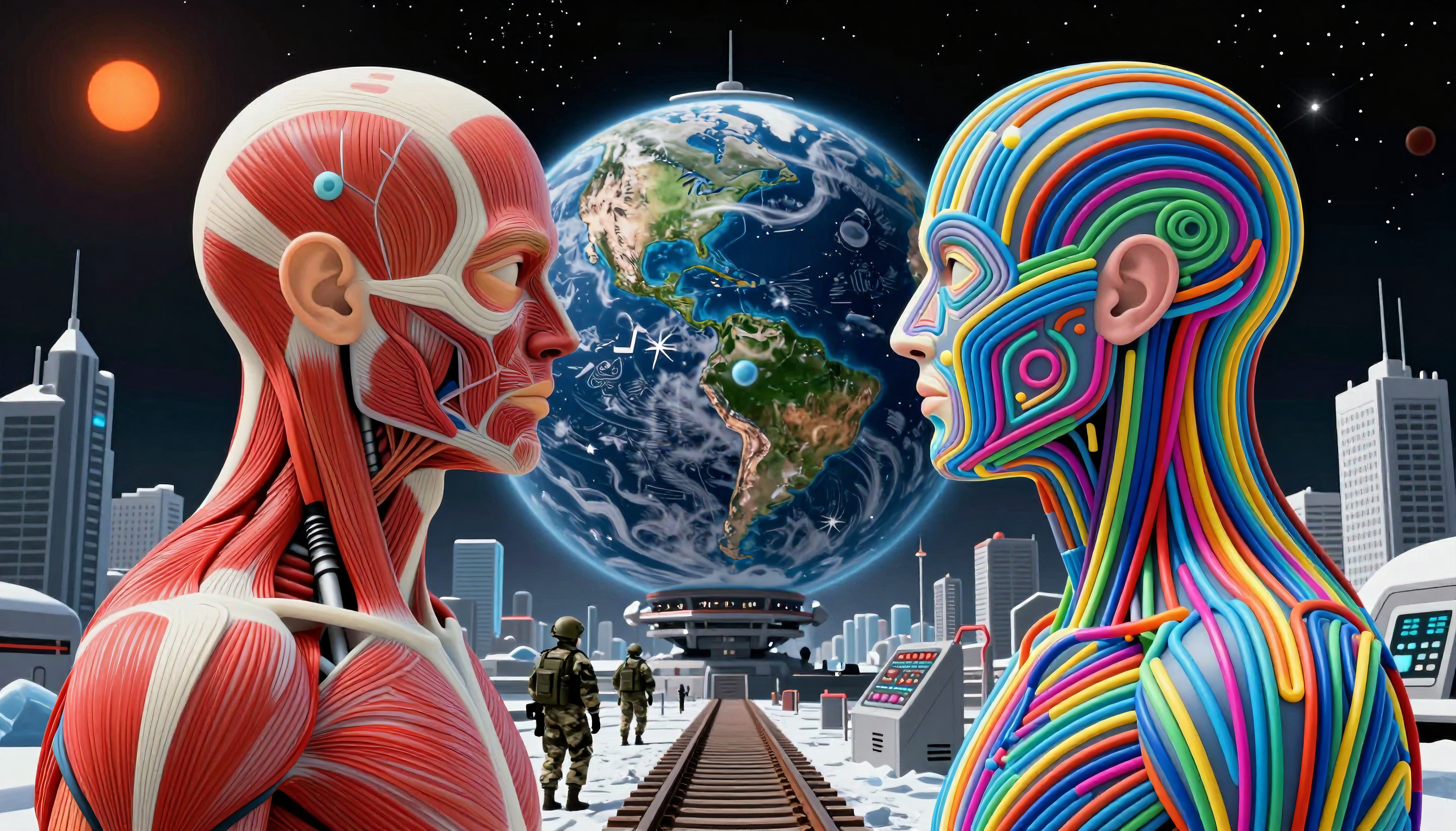 Futuristic figures with exposed anatomy, colorful lines, Earth background, and a cityscape.