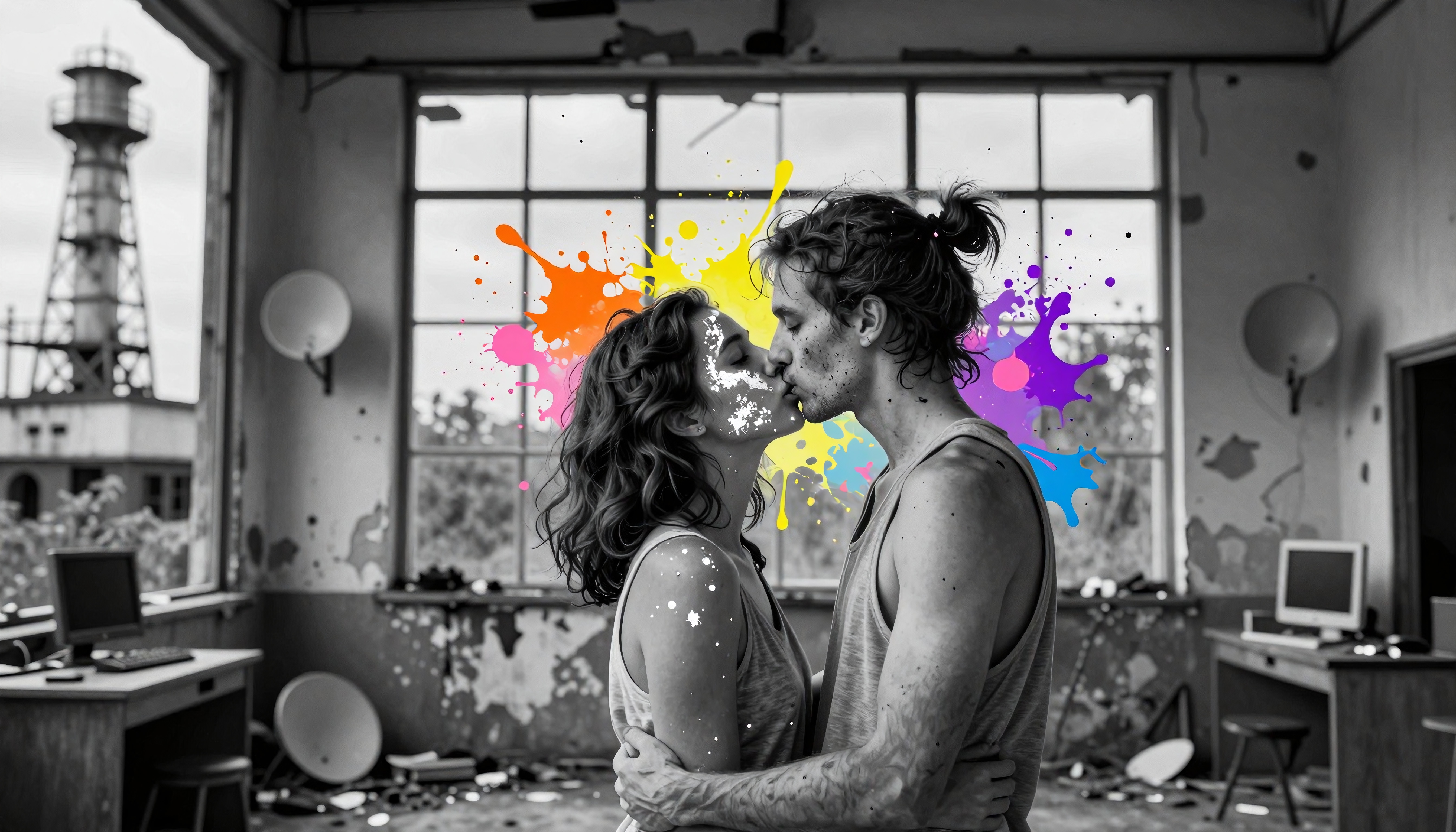 A couple kisses, surrounded by vibrant paint splashes contrasting a black-and-white abandoned room.