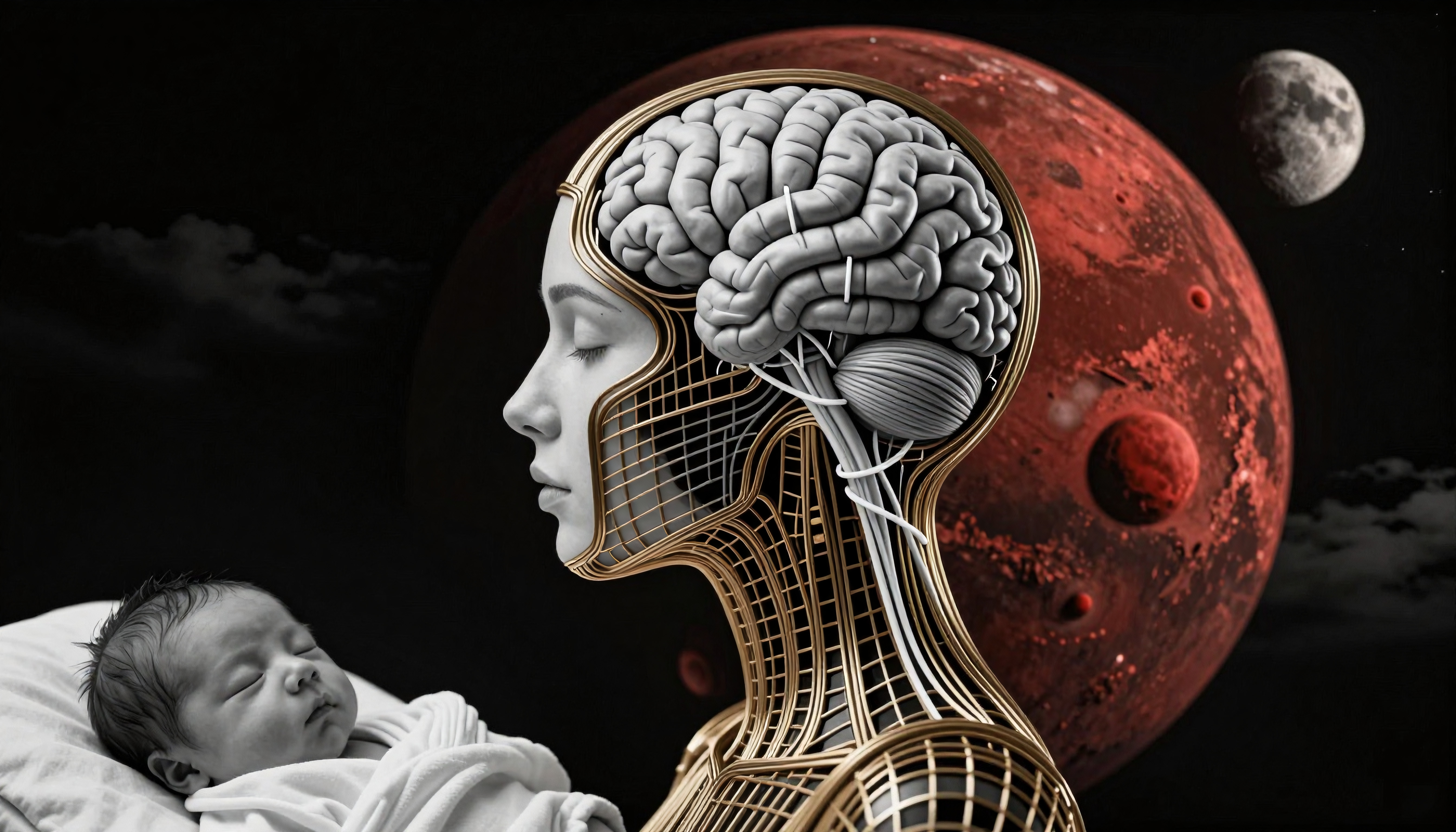 Cosmic-themed artistic fusion of human anatomy and a planetary background with a sleeping baby.