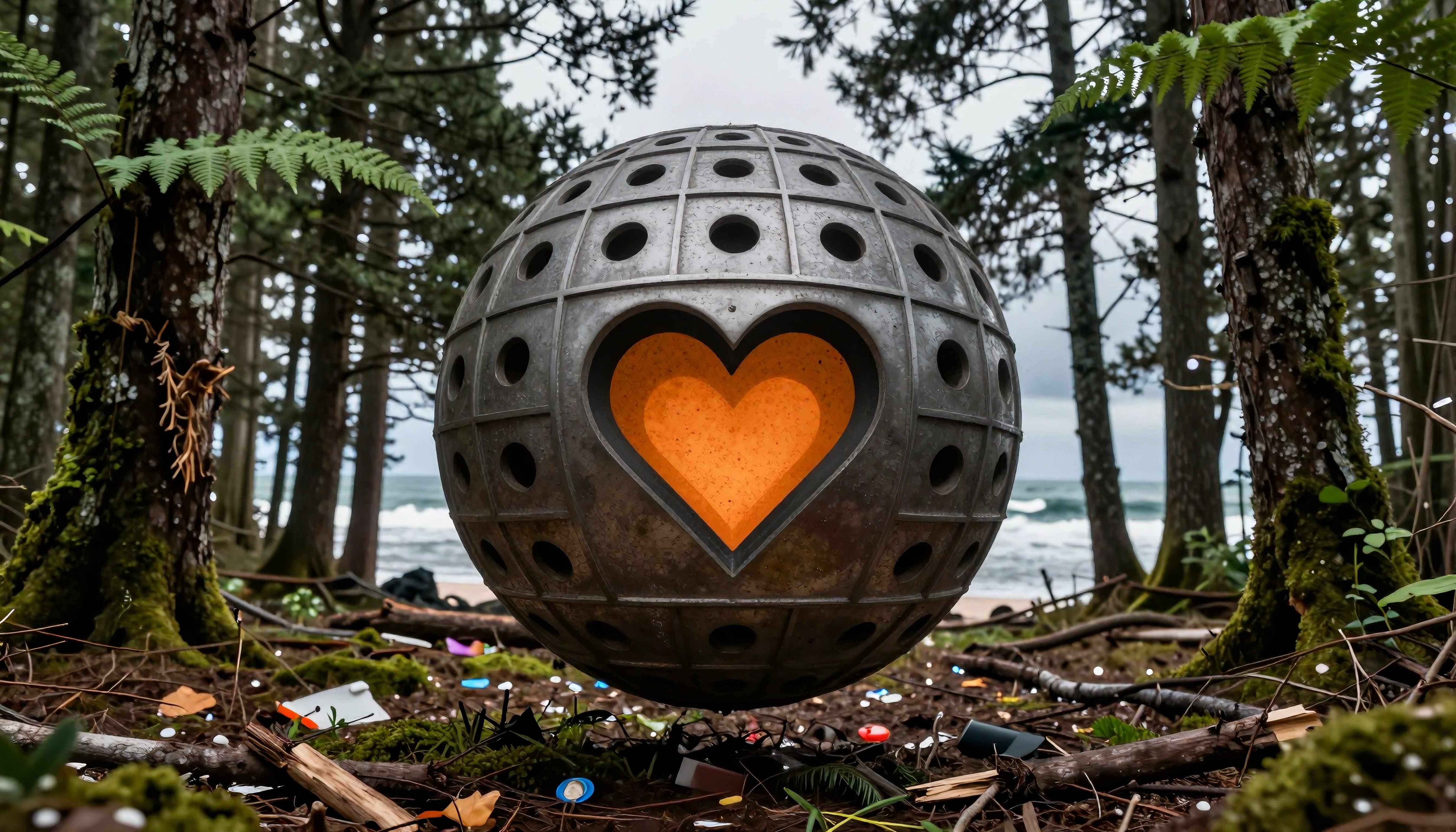 A glowing heart in a metallic sphere amidst a forest setting, surrounded by debris and tall trees.