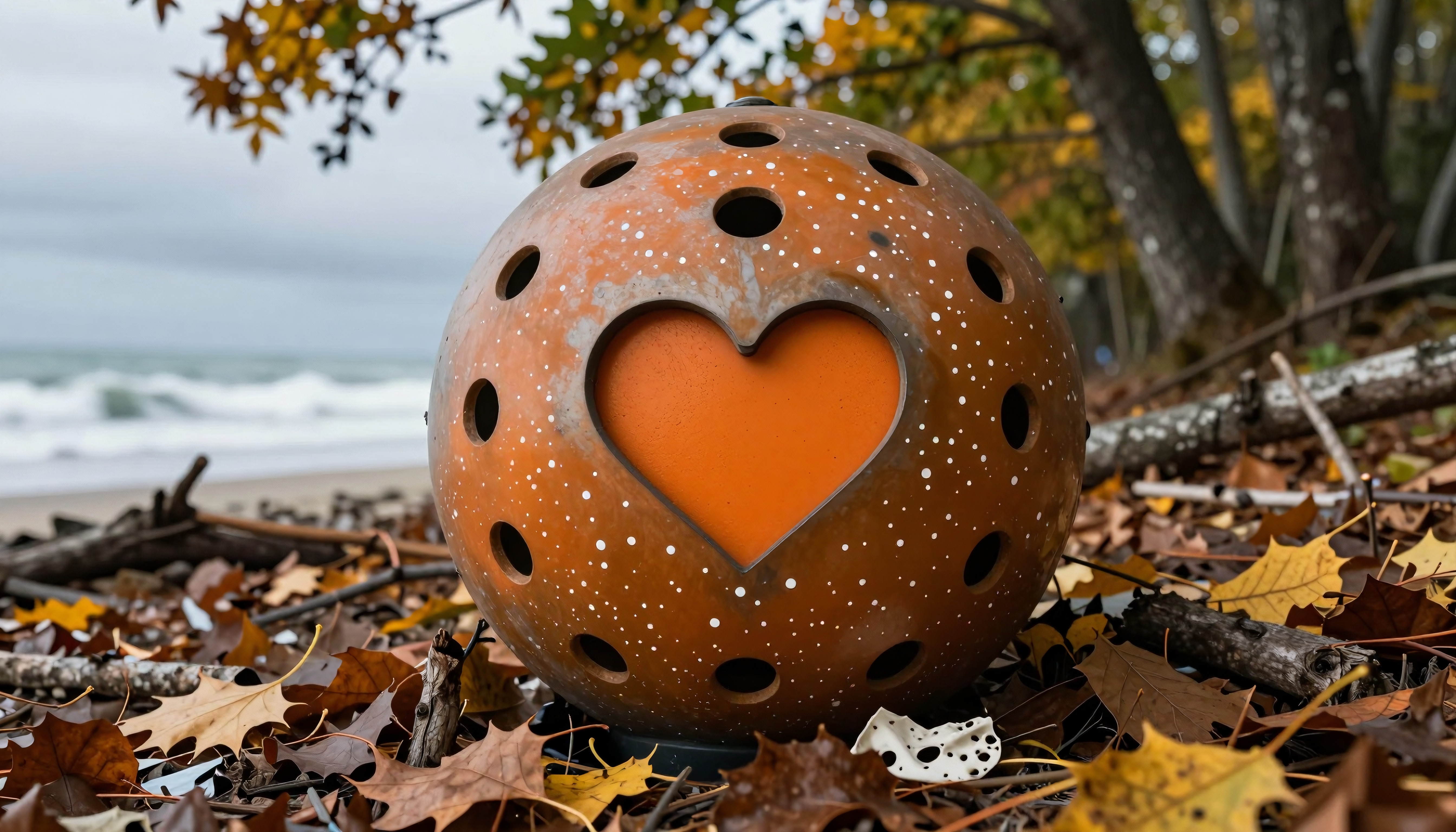 Orange sphere with heart cutout, surrounded by autumn leaves on a beach.