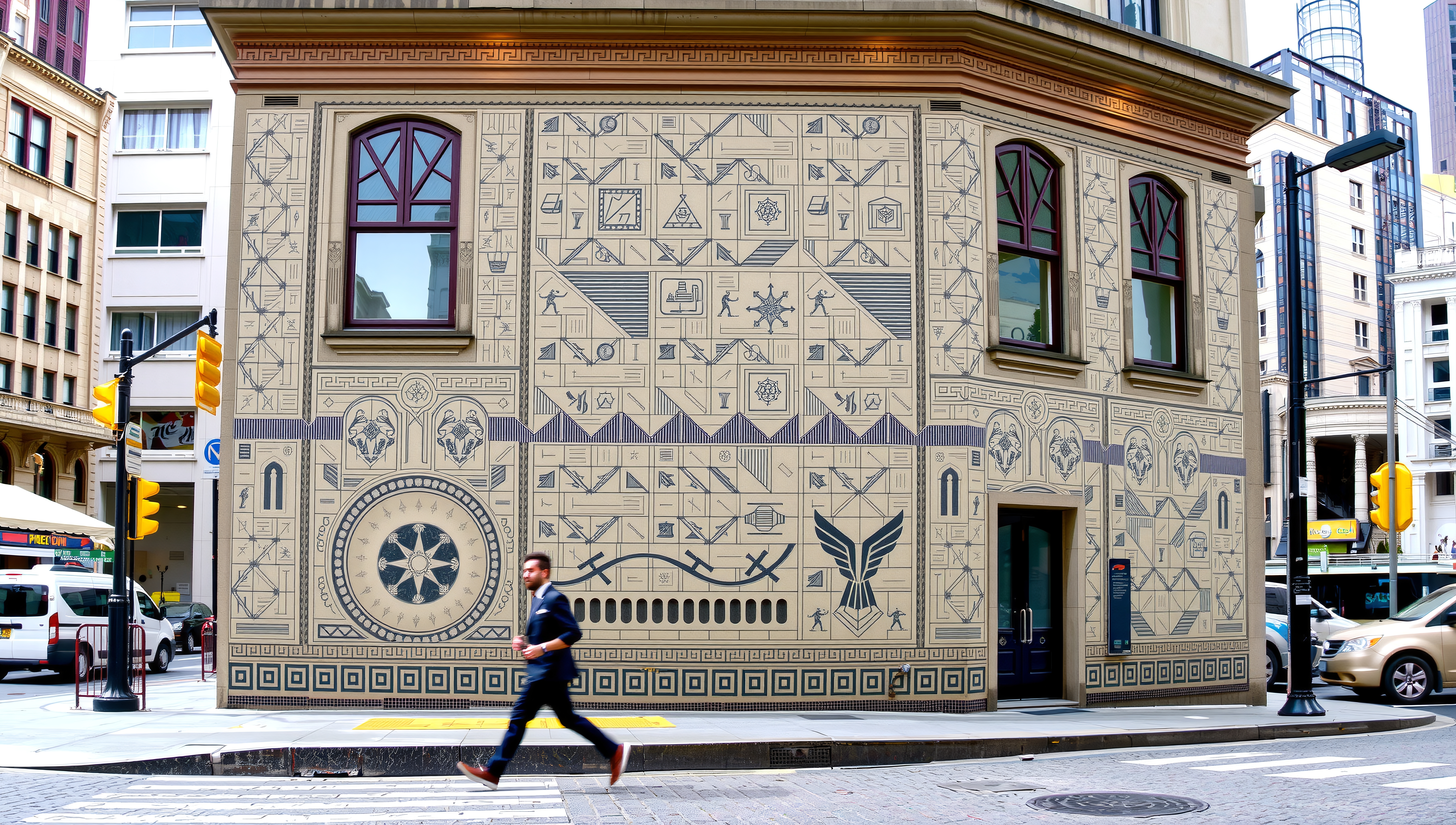 Exterior of a city building adorned with intricate geometric mural patterns and vibrant urban scenery.