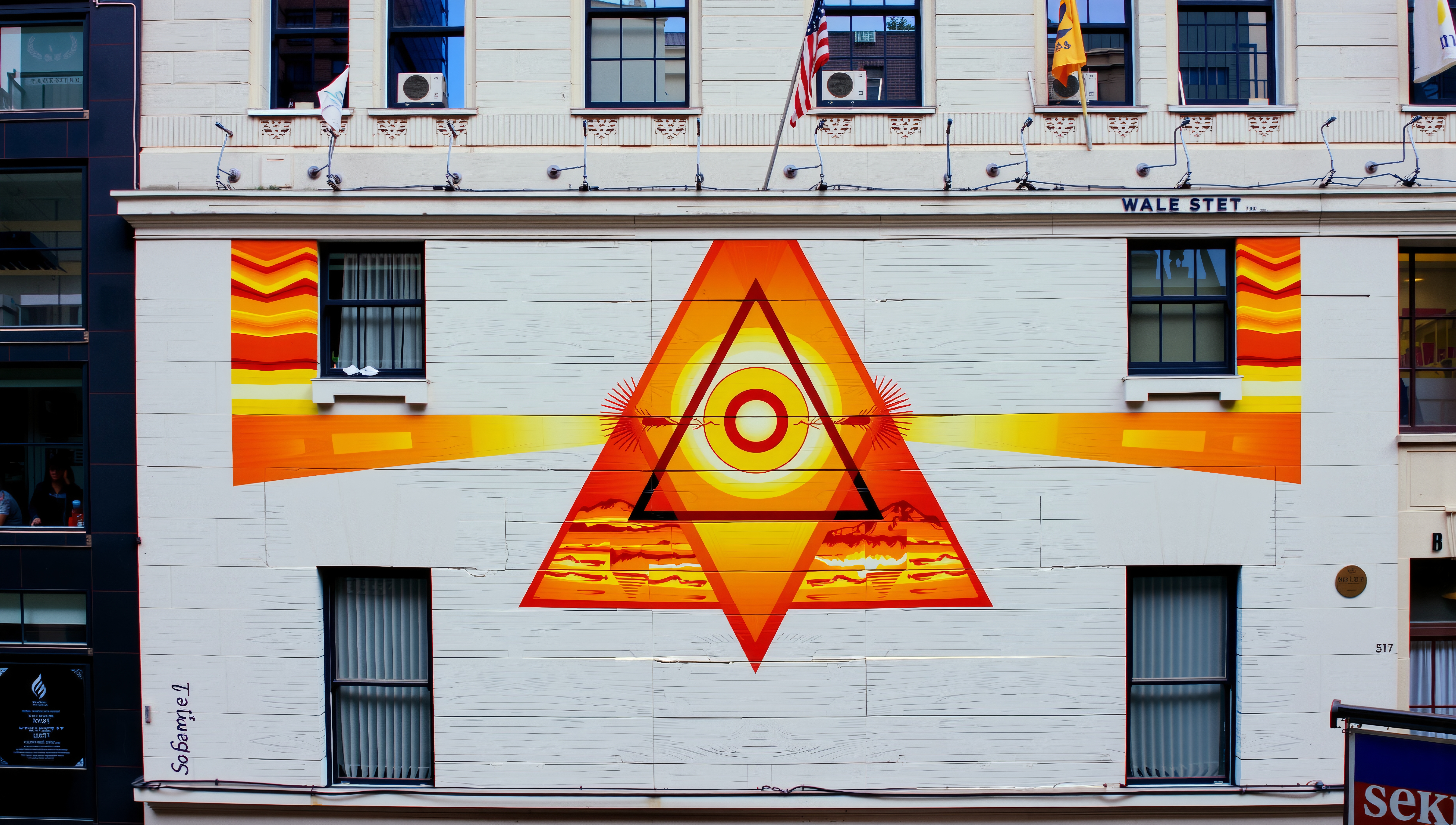 Vibrant eye-in-triangle mural on urban building facade blending artistry with cityscape