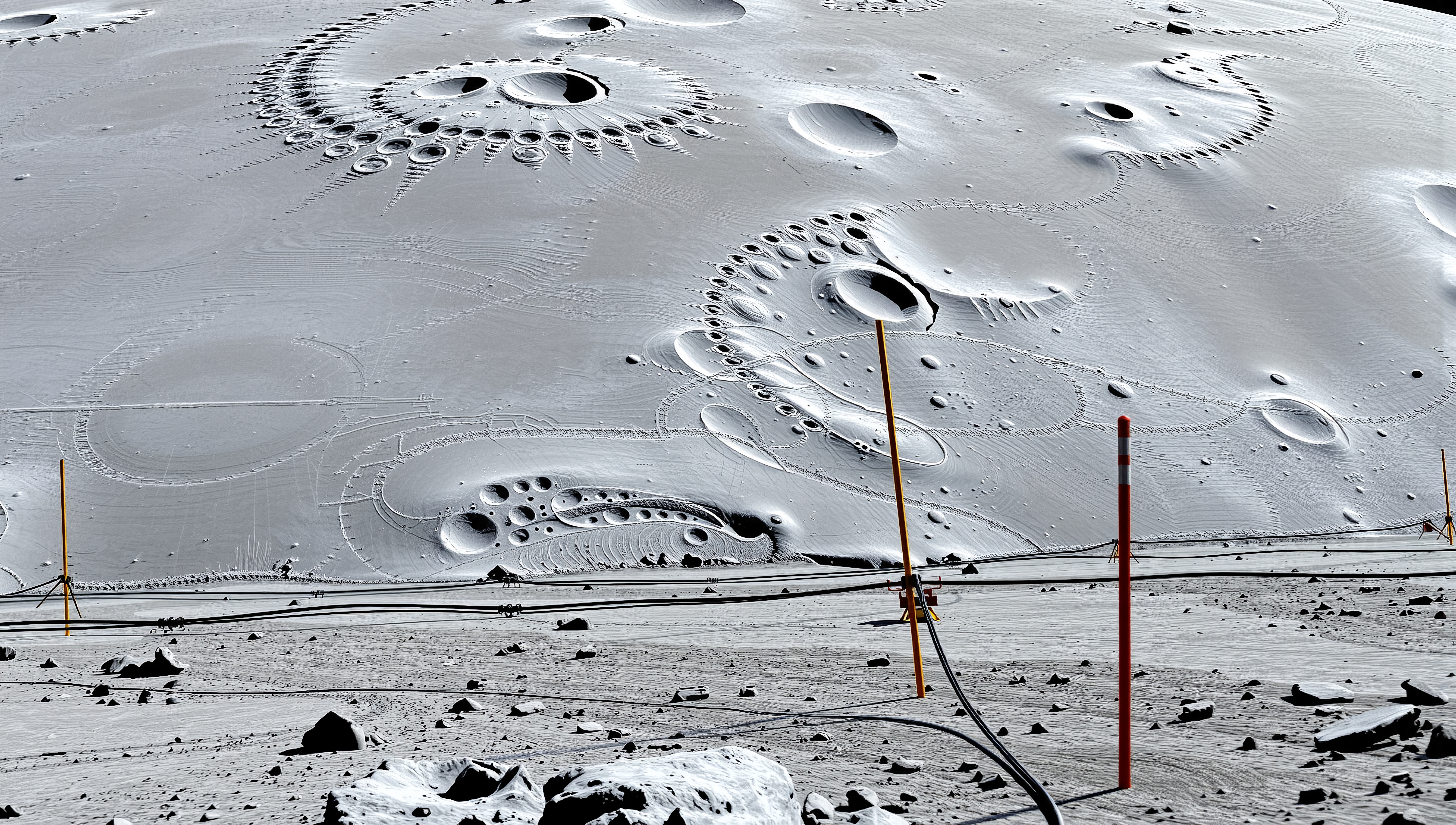 Futuristic lunar base with alien architectural structures and survey poles
