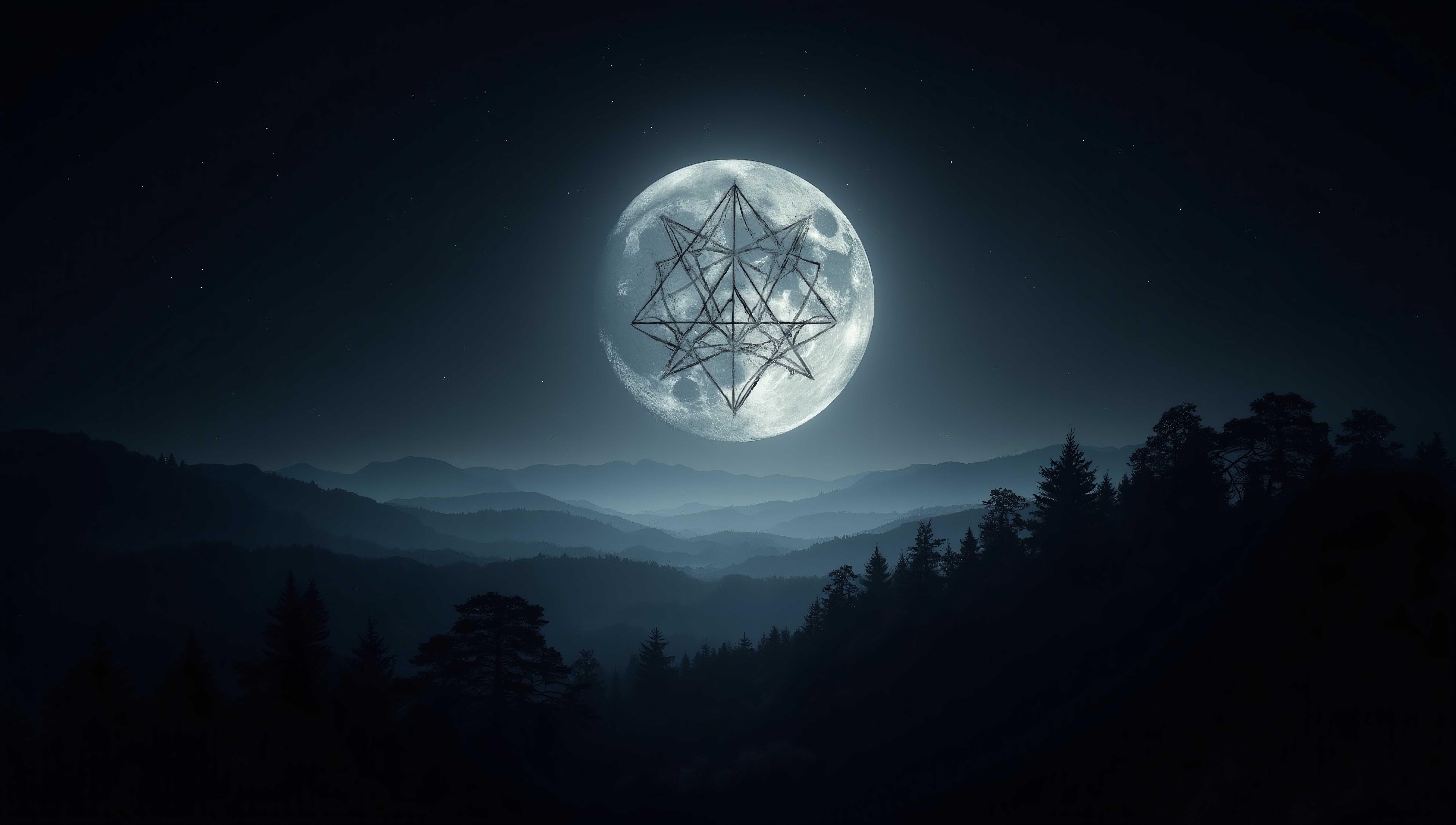 Full moon with geometric structure over a serene, starry landscape of silhouetted mountains and trees at night.