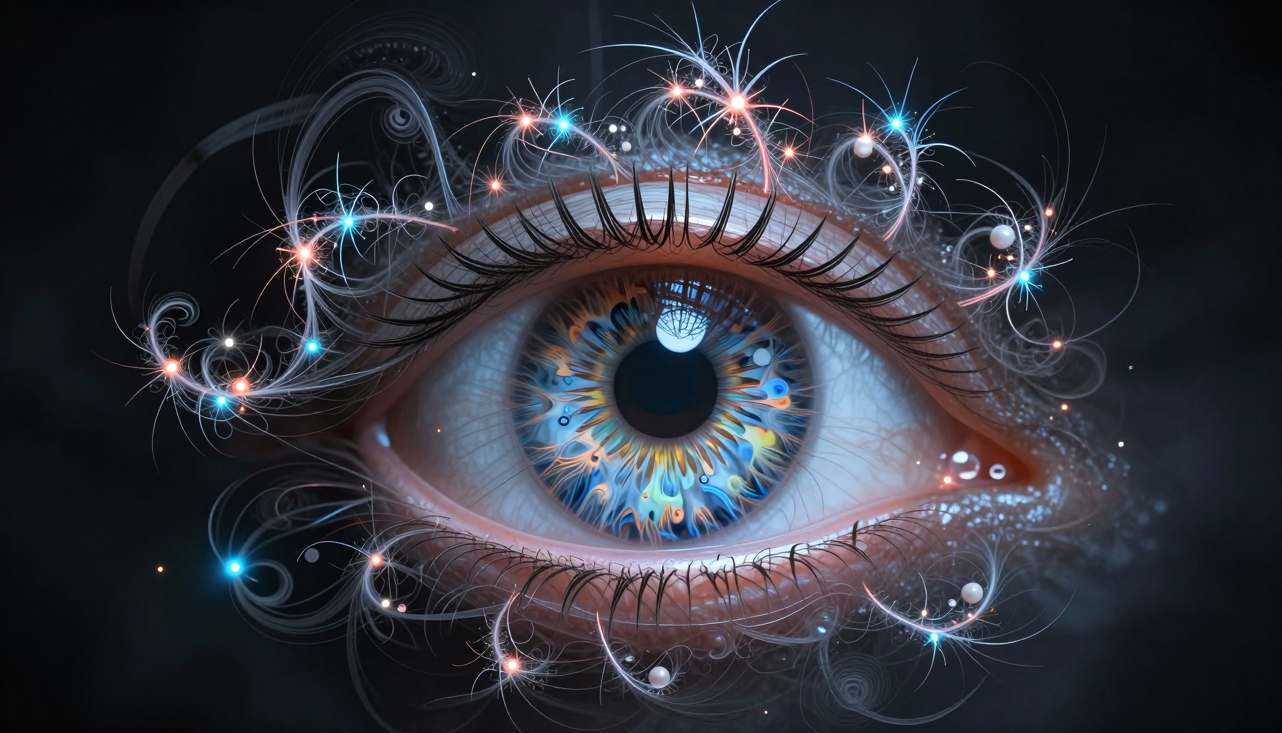 A surreal eye artwork with vibrant colors and swirling patterns.