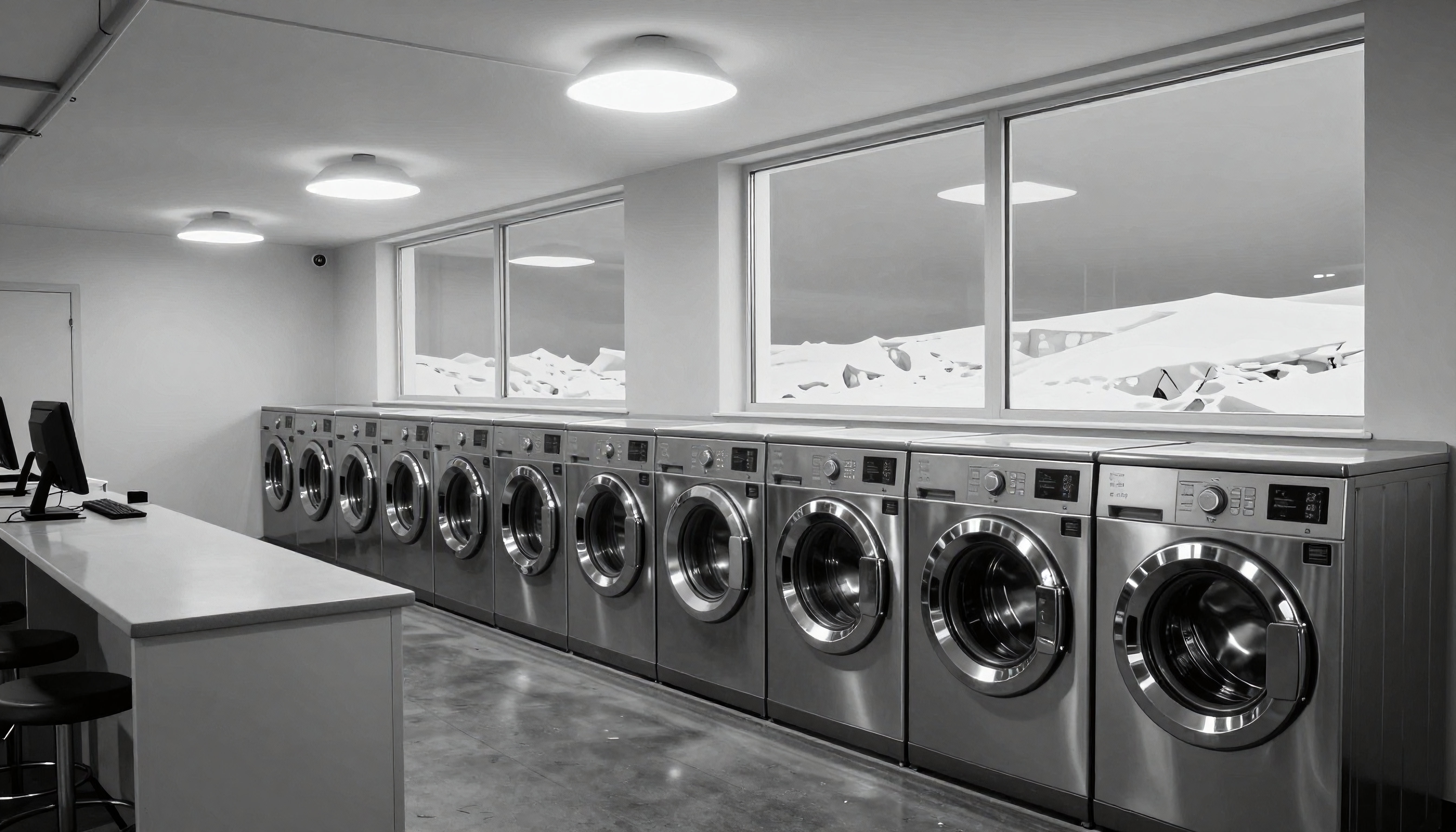 A modern laundromat with stainless steel machines and snowy landscape outside.