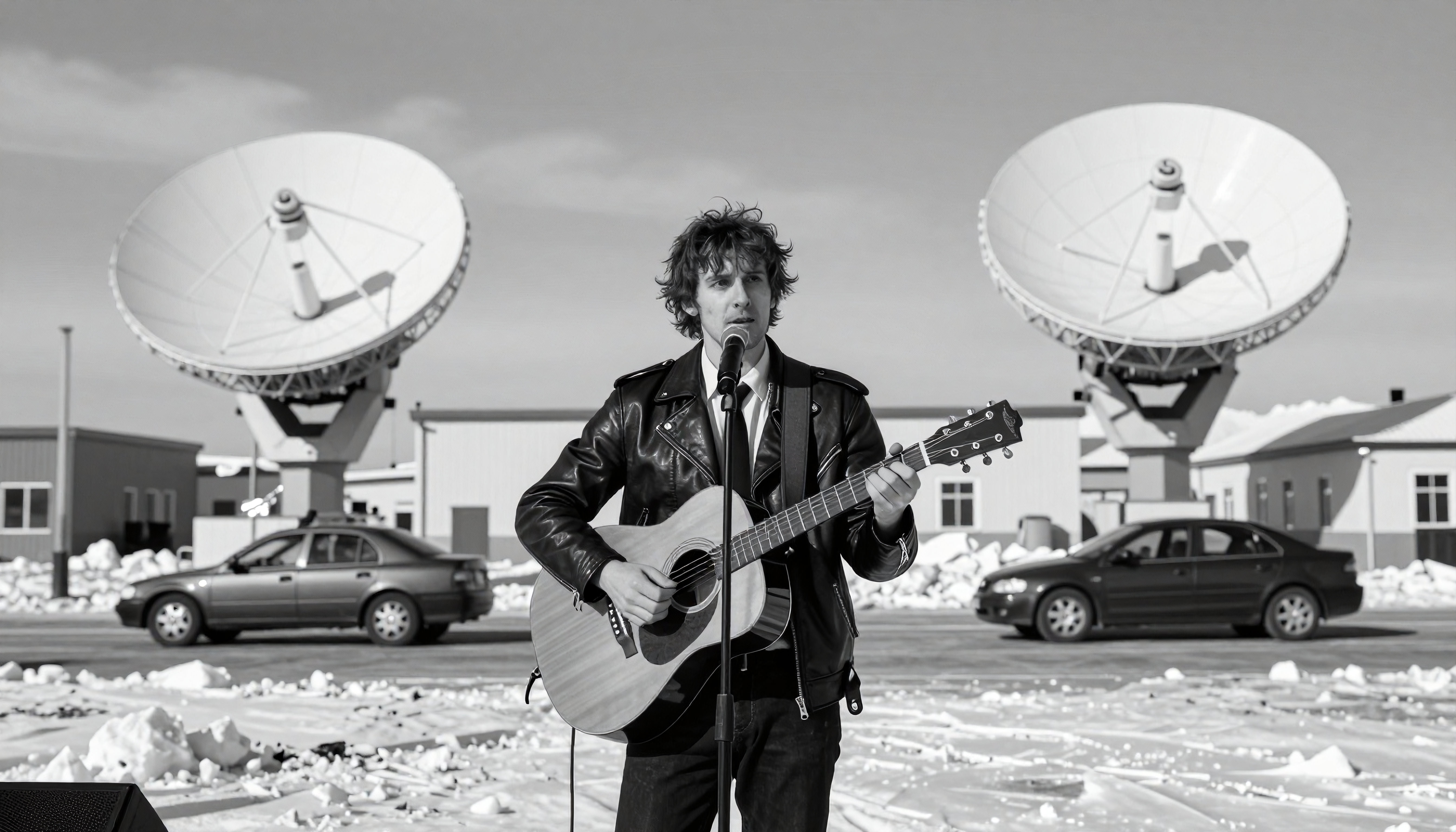 Young guitarist performs acoustically outdoors near large satellite dish antennas in snowy winter landscape
