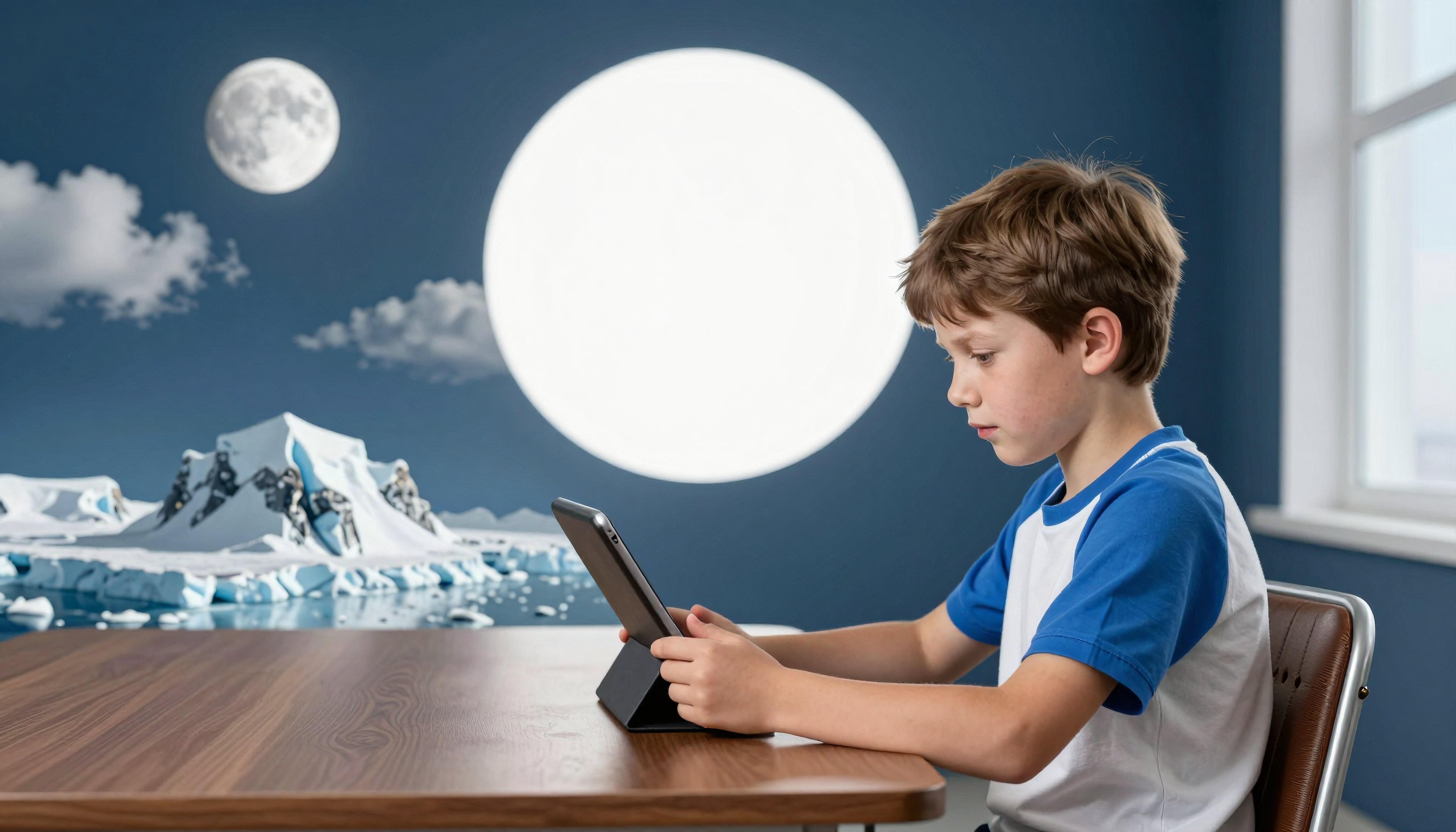Boy using tablet indoors near window with artistic lunar-themed wallpaper