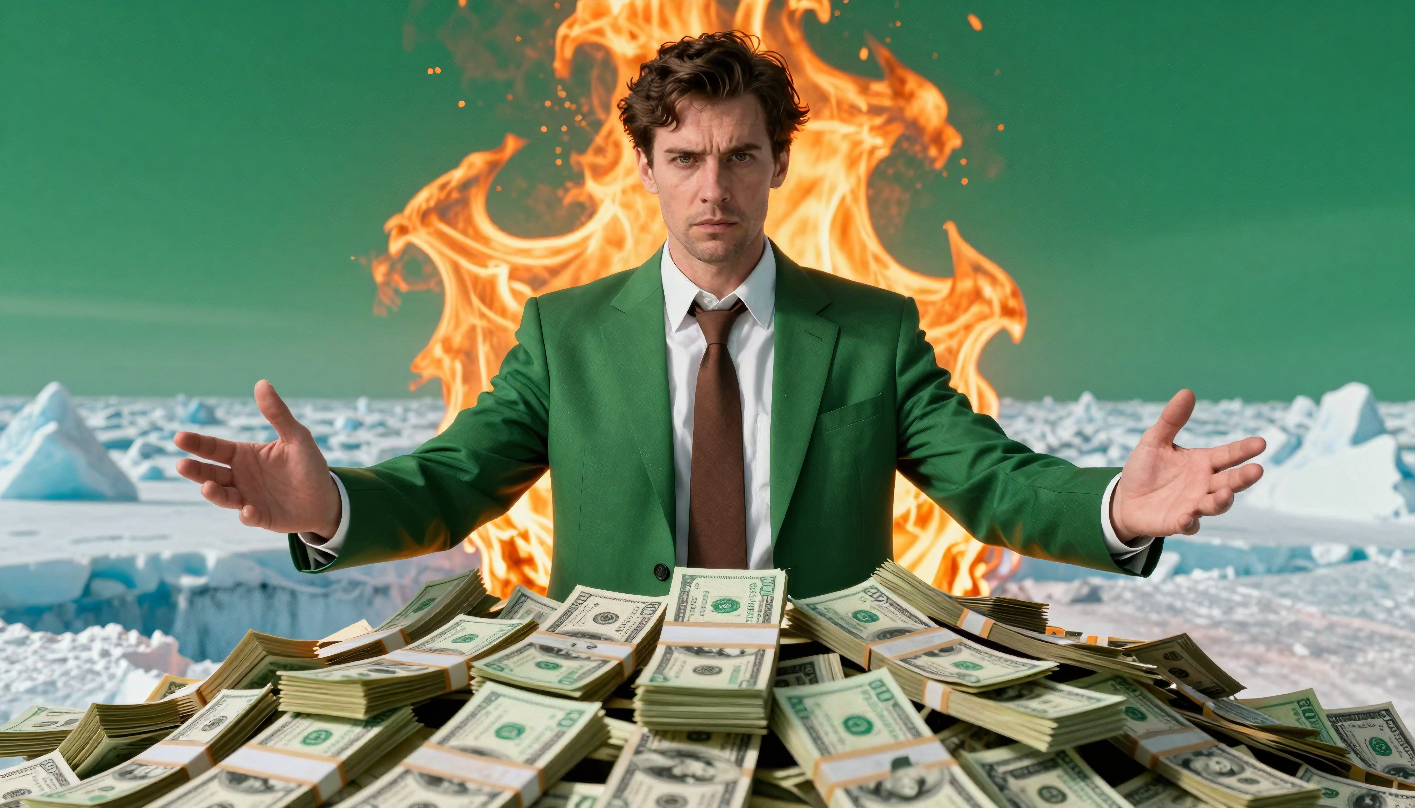 Businessman emerging from flames in a blizzard of cash, symboliz