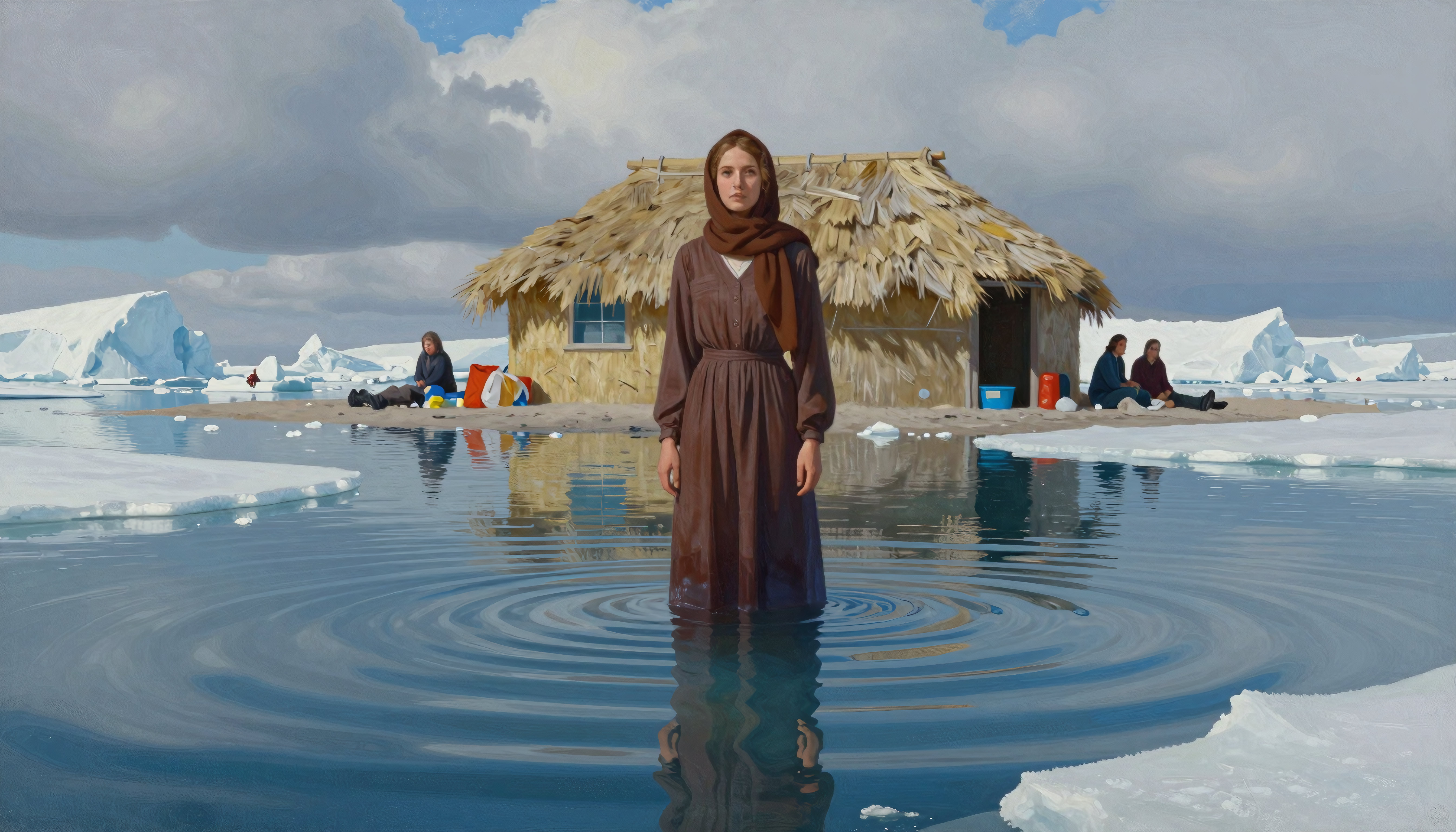 Woman in water by hut with icebergs and figures