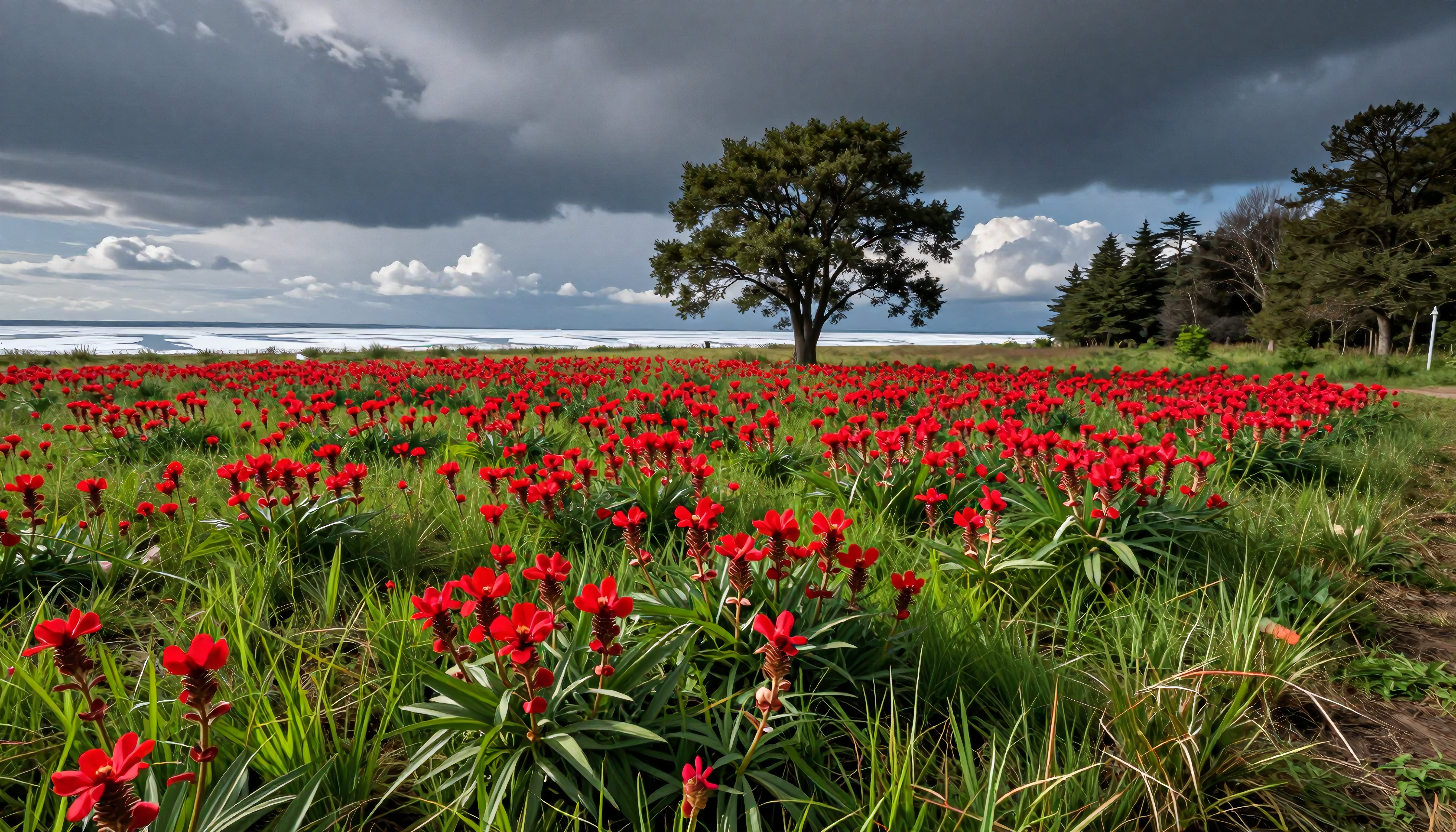 Vibrant red flowers bloom amid green fields near ocean under dark storm clouds