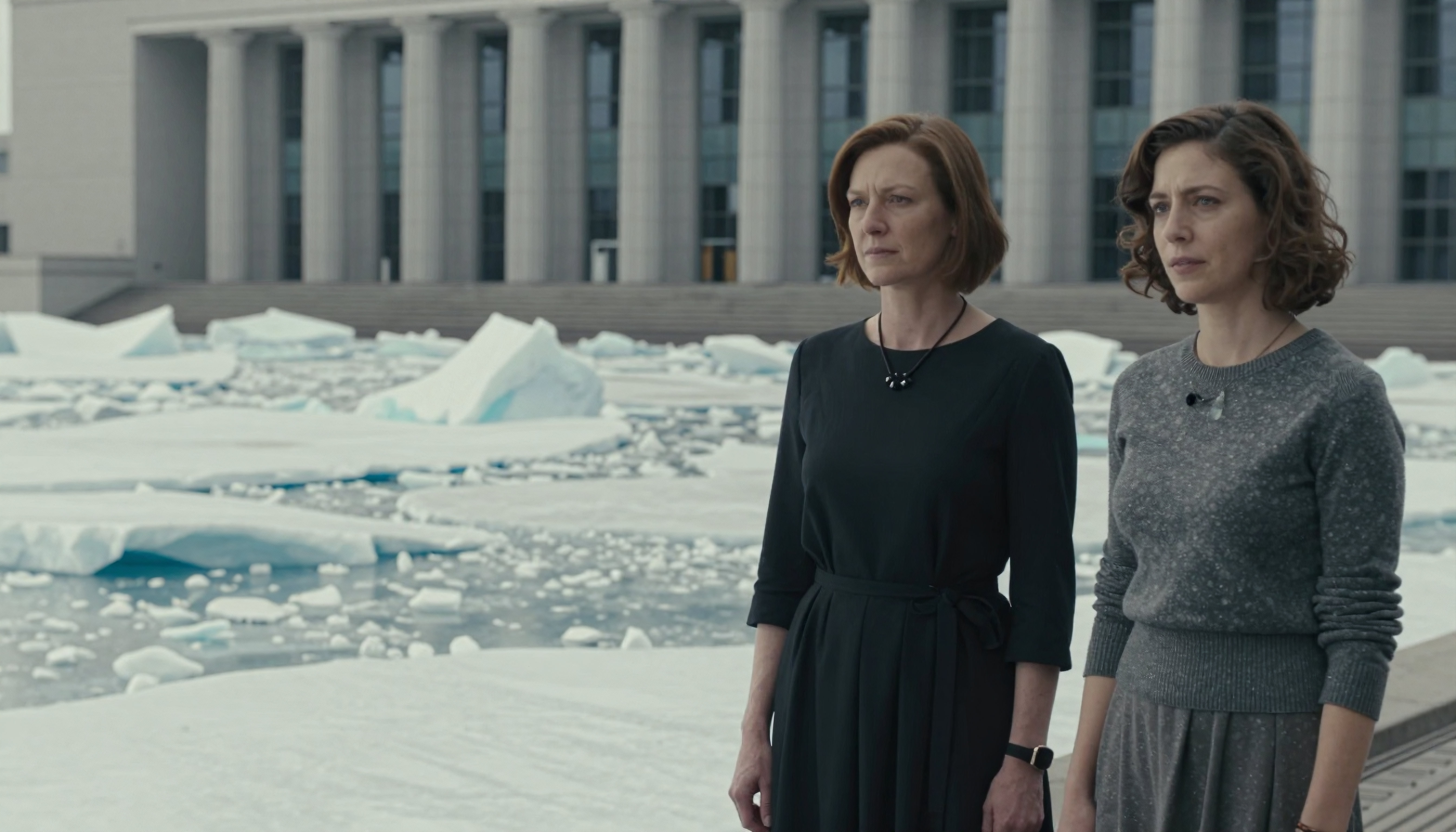 Two Women Standing Before Iceberg-Laden Waterfront Near Modern B
