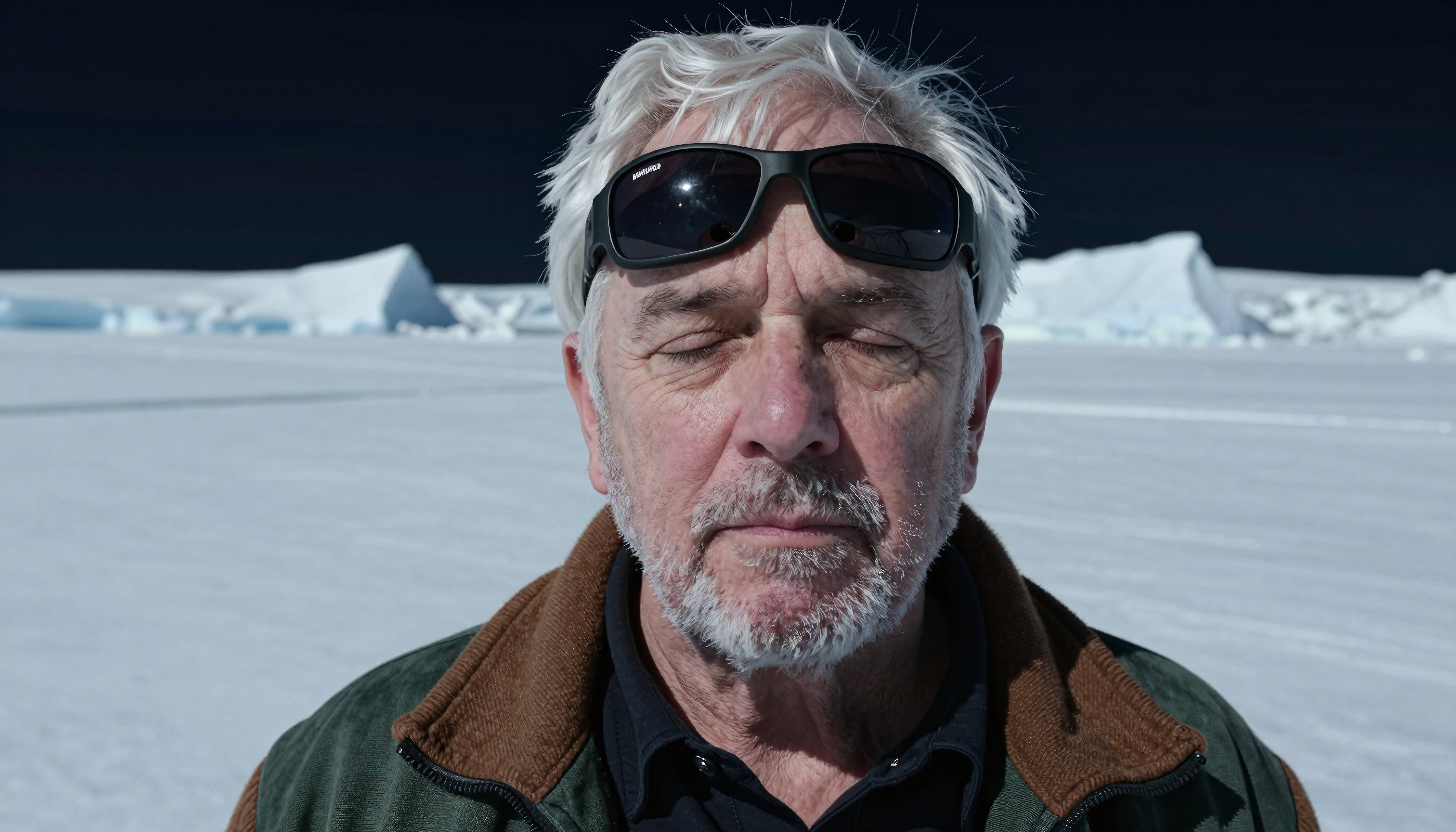 Senior Man with Sunglasses in Arctic Ice Landscape
