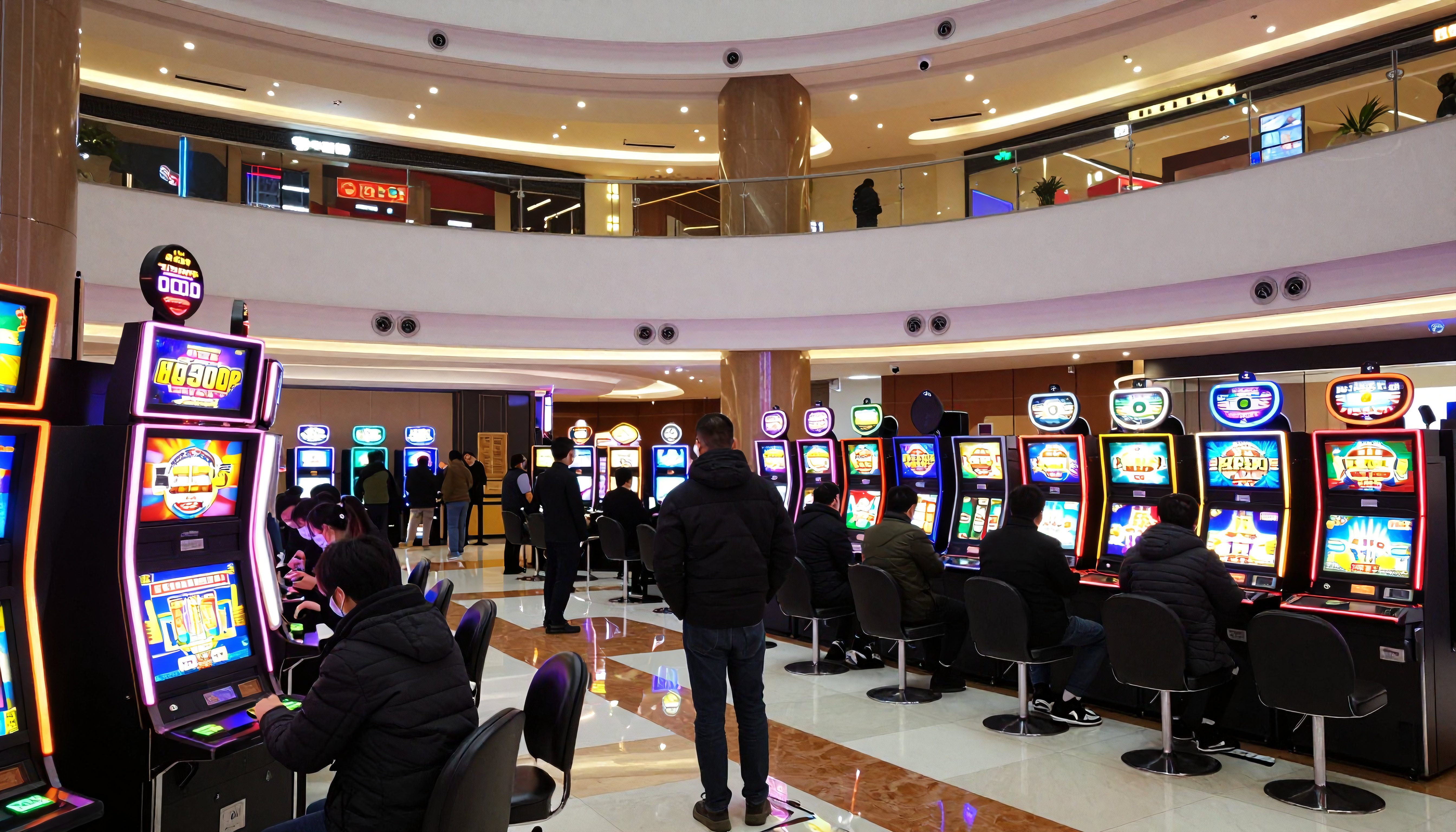Gambling Arcade in Multi-Level Mall with Slot Machines and Patro