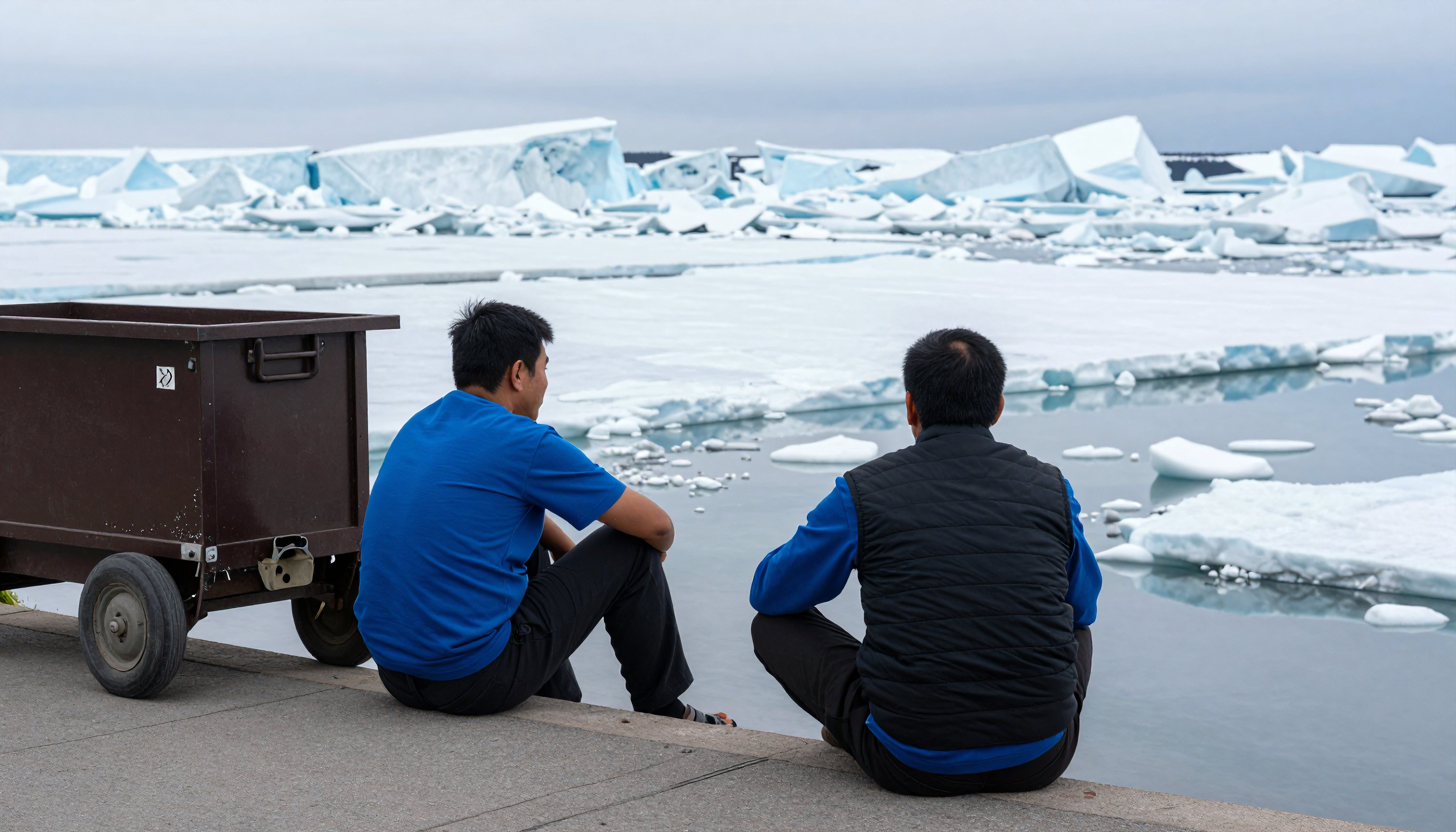 Men observing majestic ice floes from coastal dock near heavy-duty transport cart