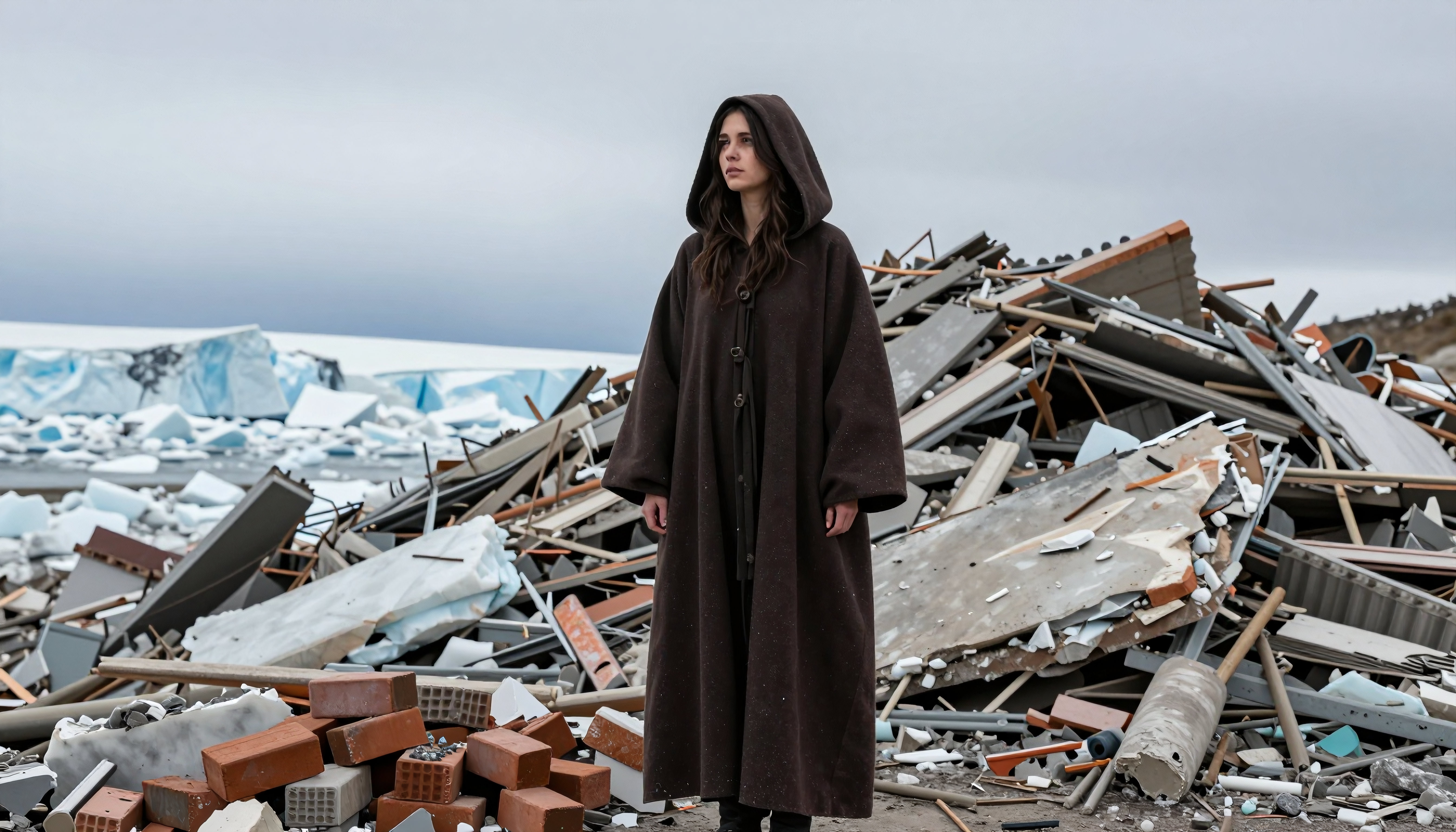 Woman in Hooded Cloak Amidst Rubble and Icebergs: Climate Change
