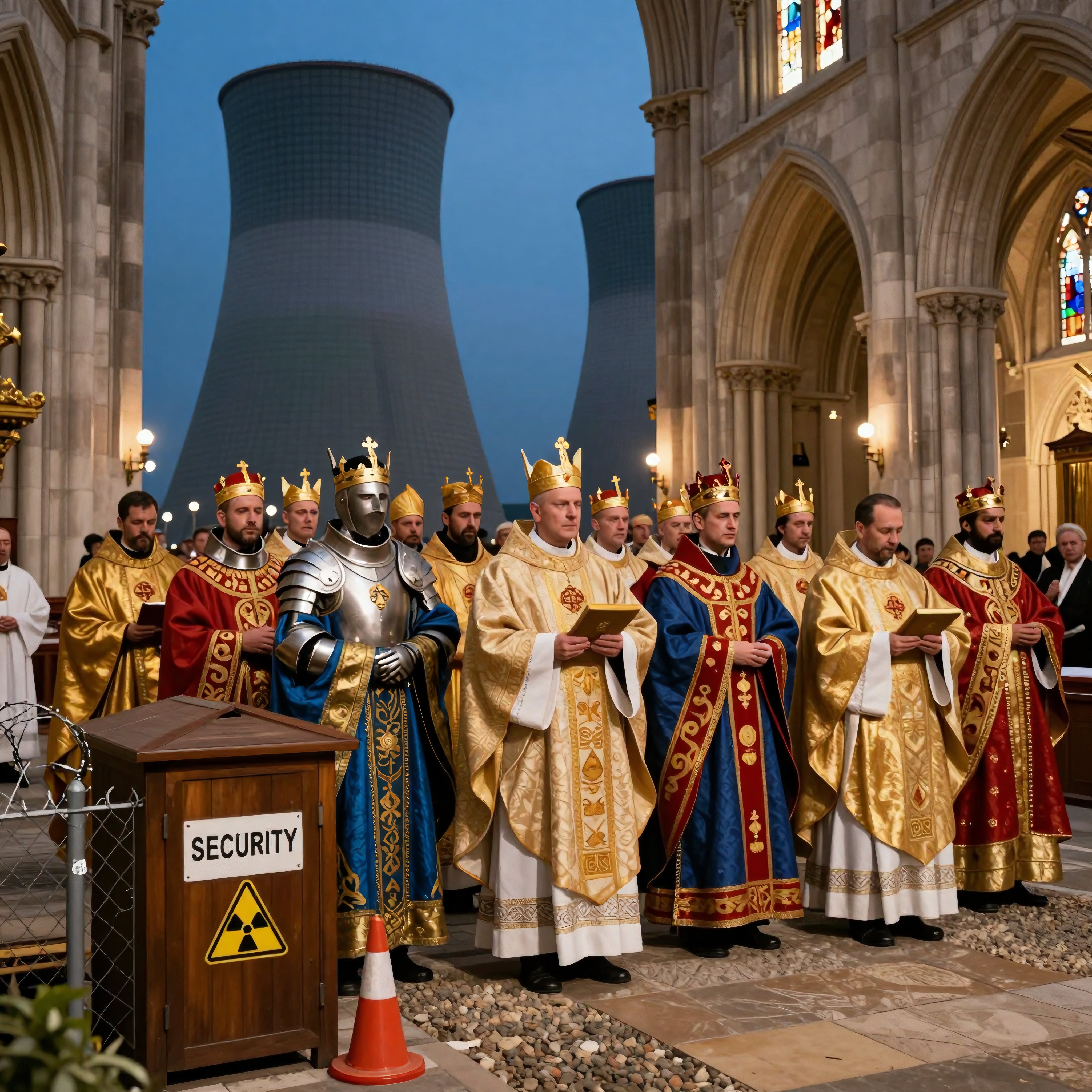 Group in ceremonial attire stands solemnly in a cathedral with cooling towers visible outside, blending tradition and modernity.
