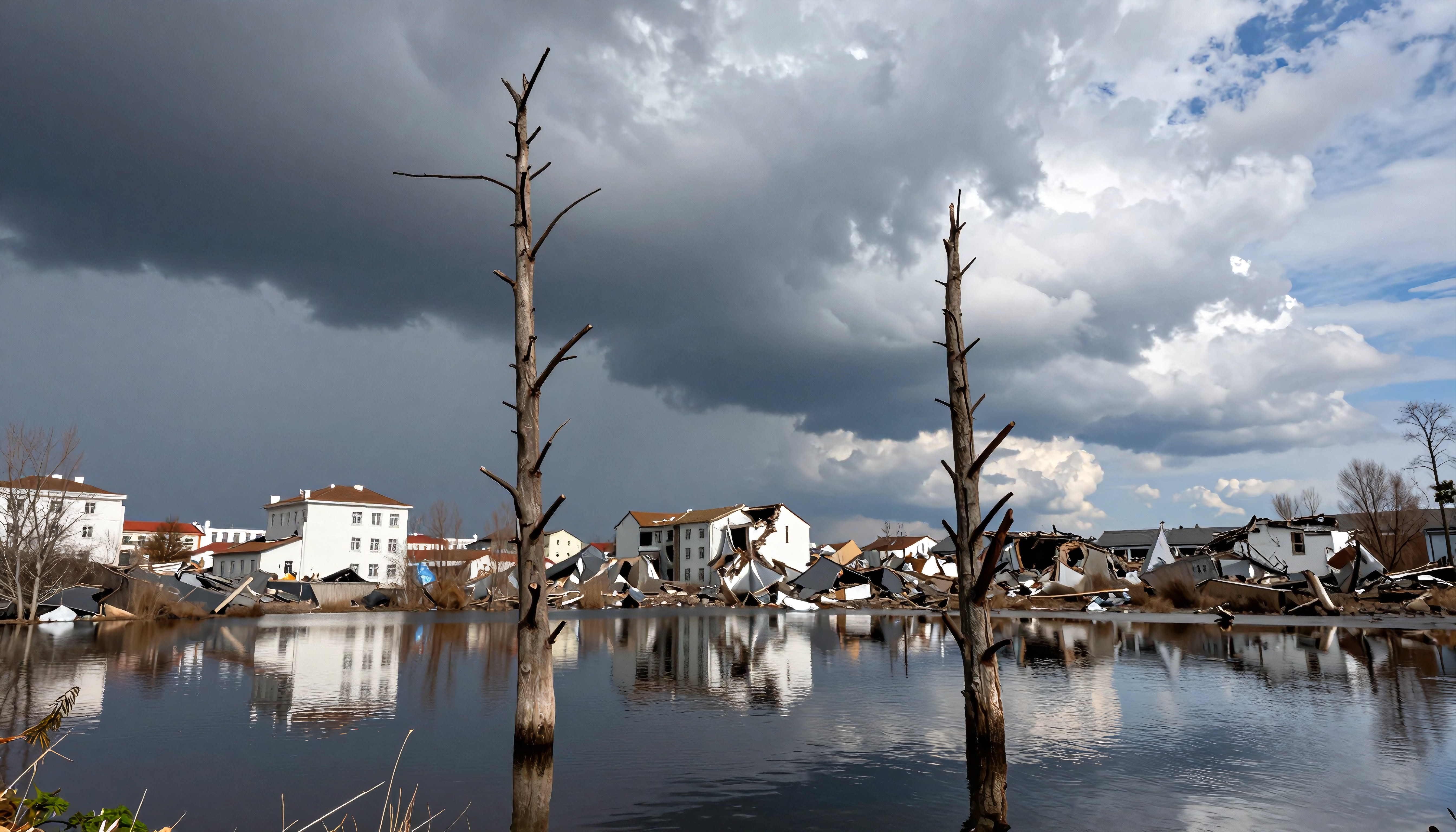 A serene but dramatic landscape with bare trees, storm clouds, and damaged buildings reflecting in water.