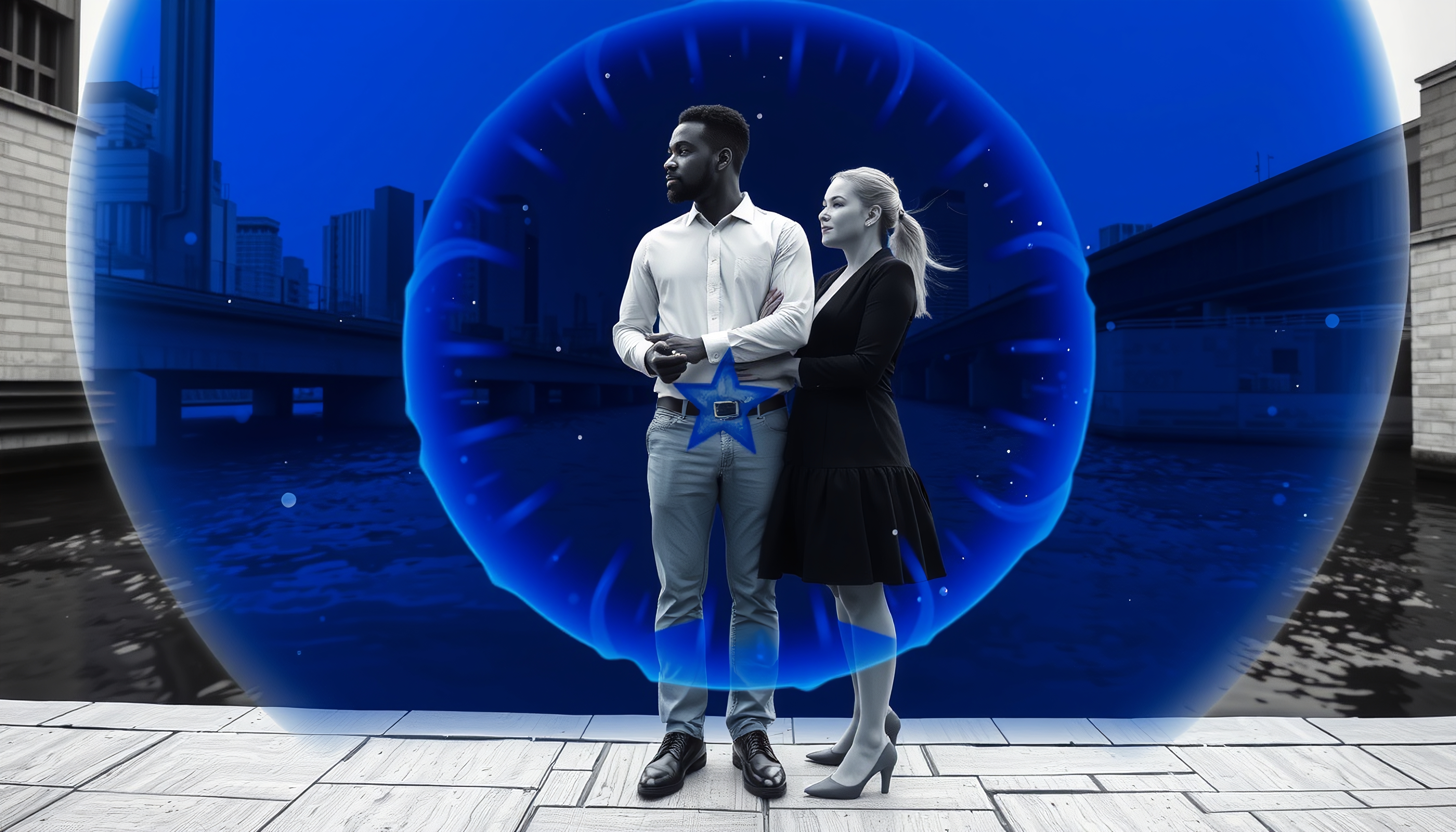 A couple stands in a blue glowing orb on a city walkway, creating a magical urban scene.