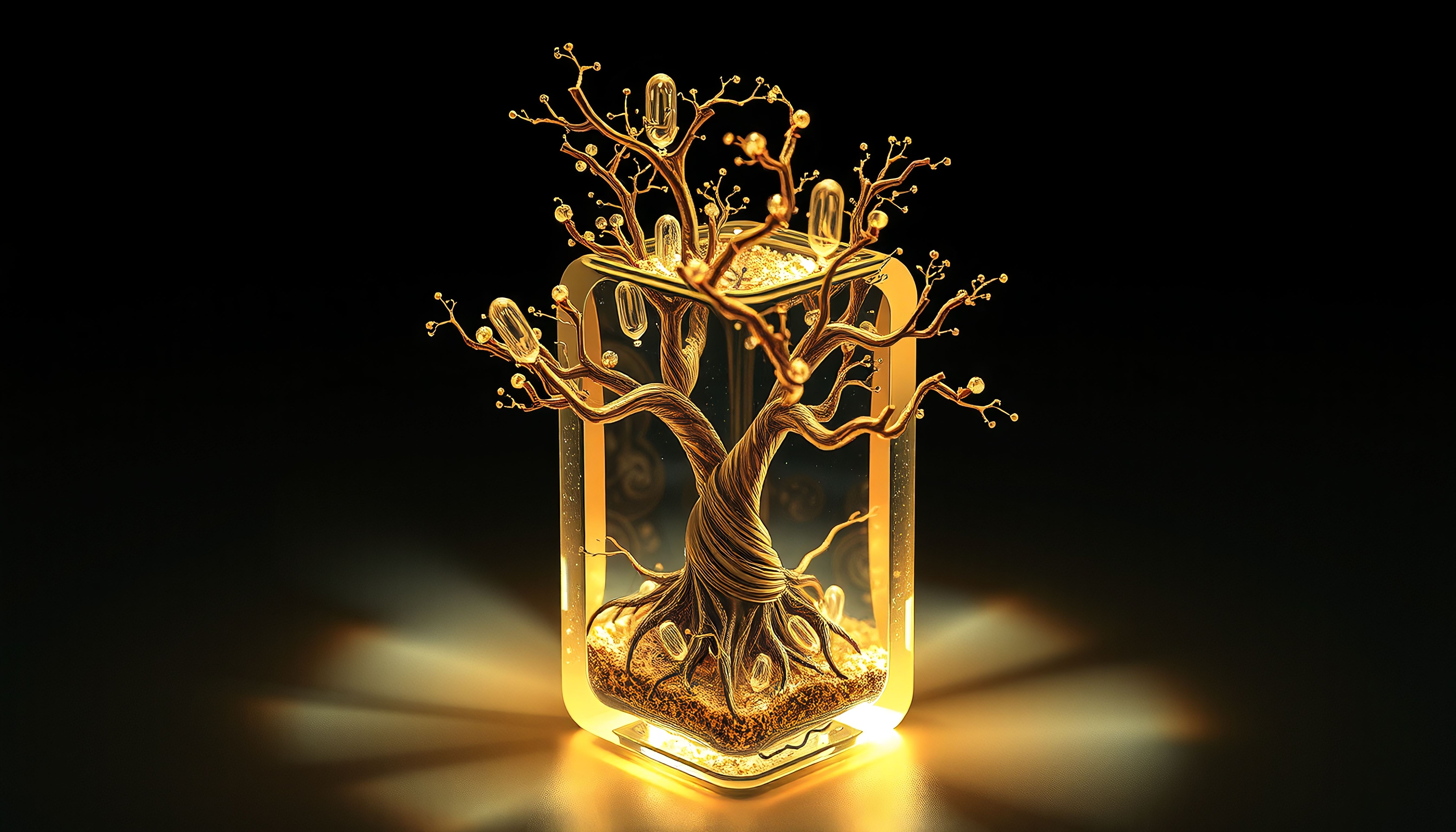 A glowing golden tree sculpture inside a glass case with intricate details.