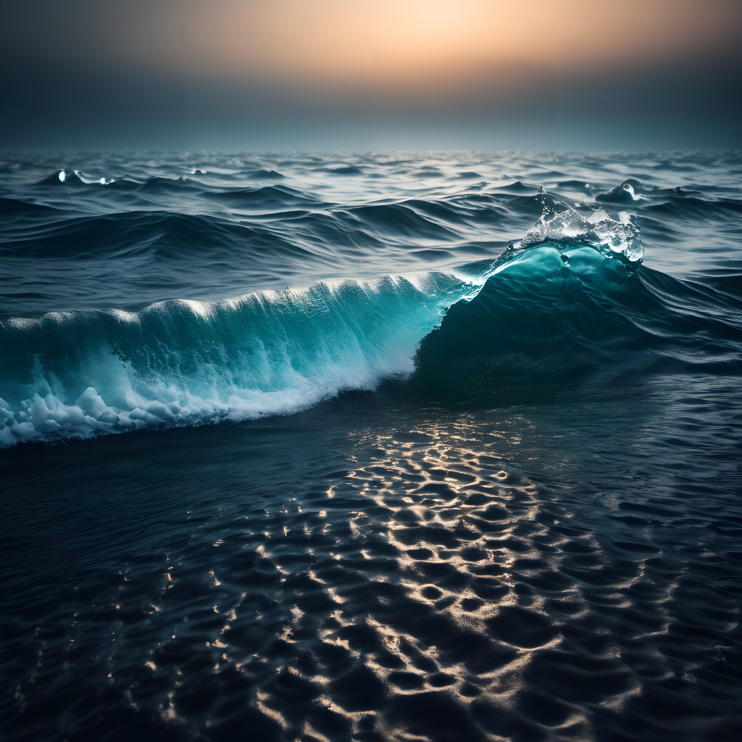 Dramatic ocean wave at sunrise or sunset, capturing ripples and