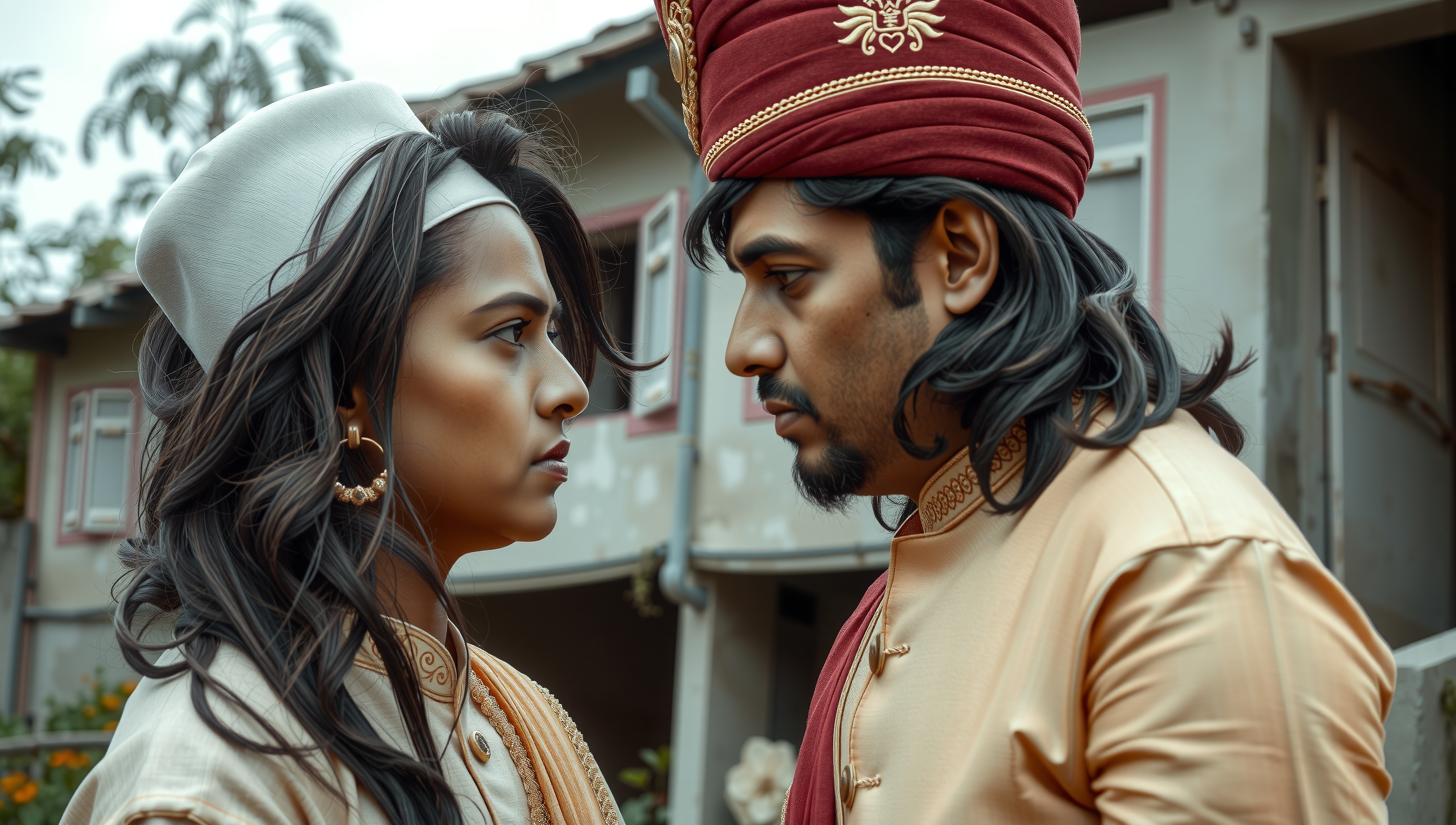 Two individuals gazing intensely in traditional attire.