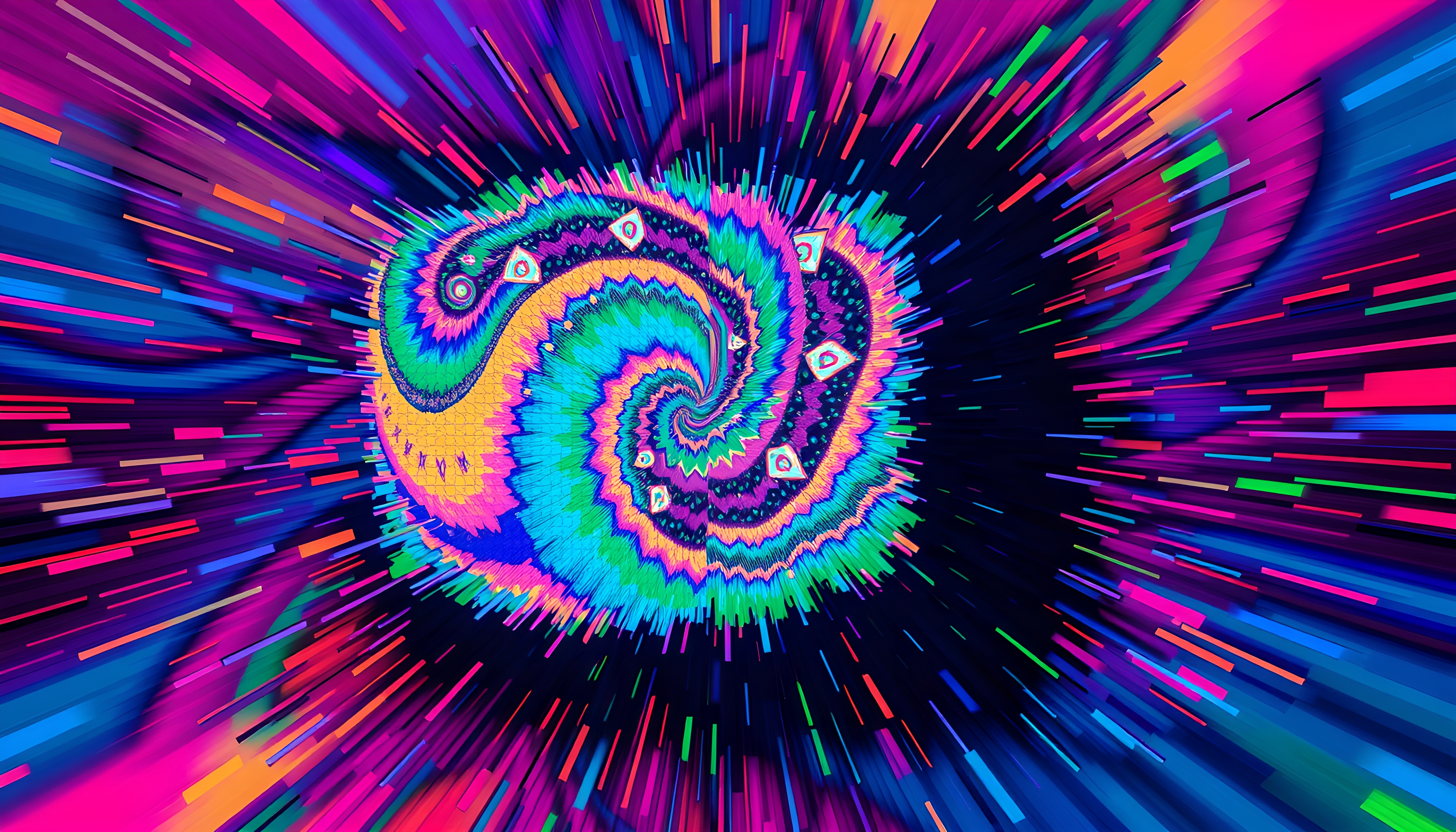 Vibrant abstract psychedelic swirl with neon colors.