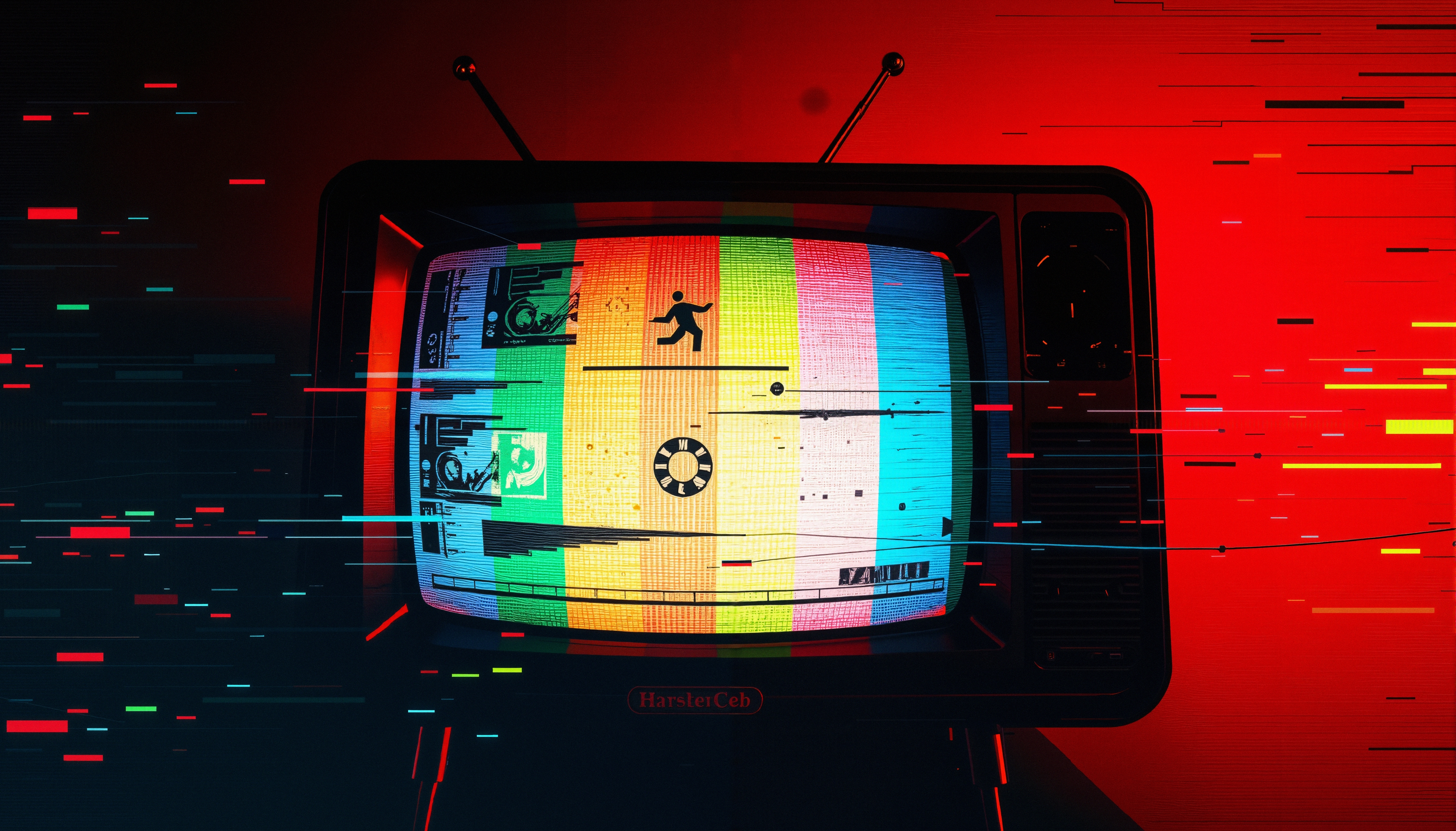 A colorful, glitchy vintage TV screen displaying geometric patterns and a walking silhouette, set against a vivid red background.