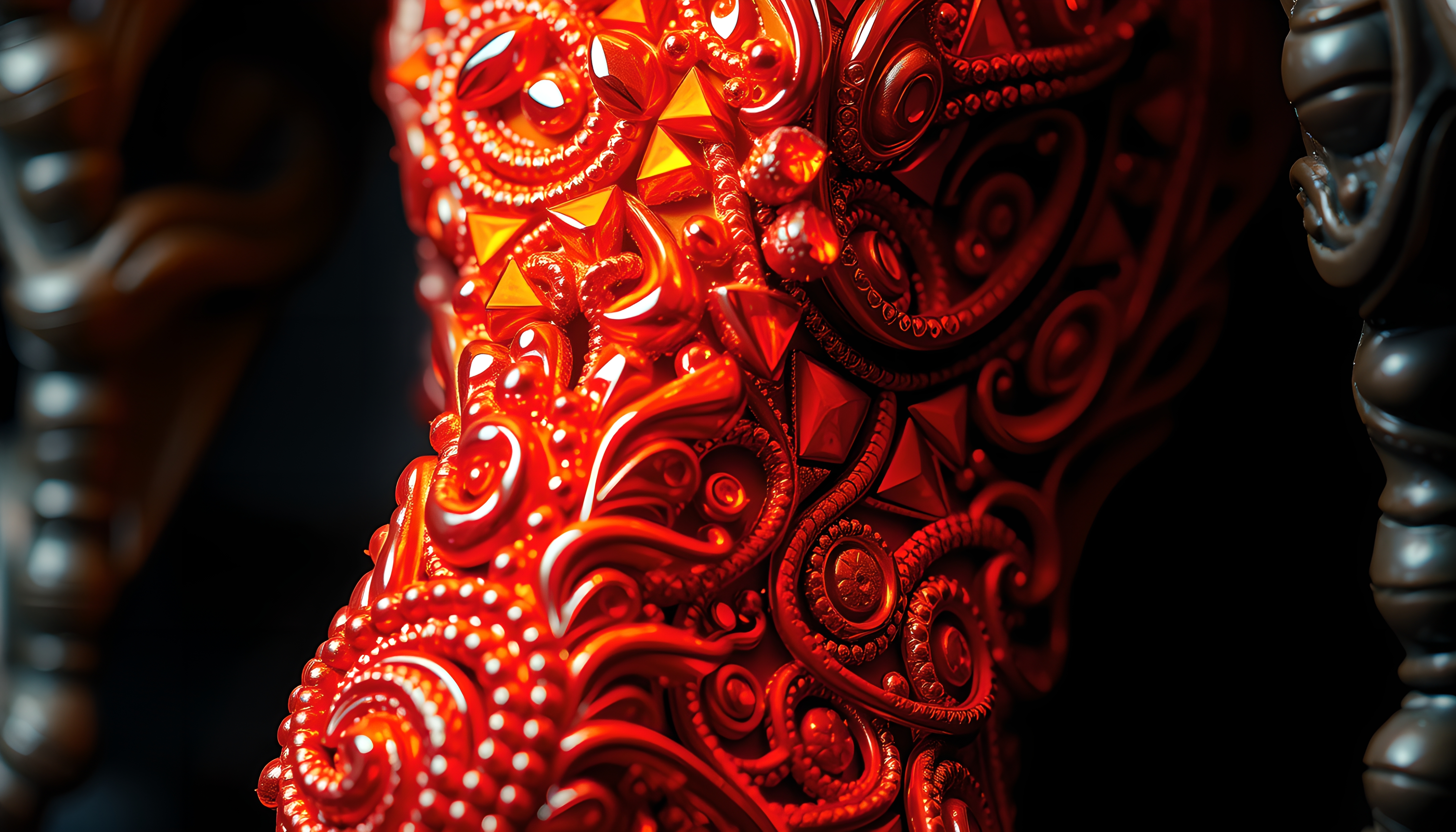 Intricate red and black abstract pattern with geometric shapes and reflective surface.