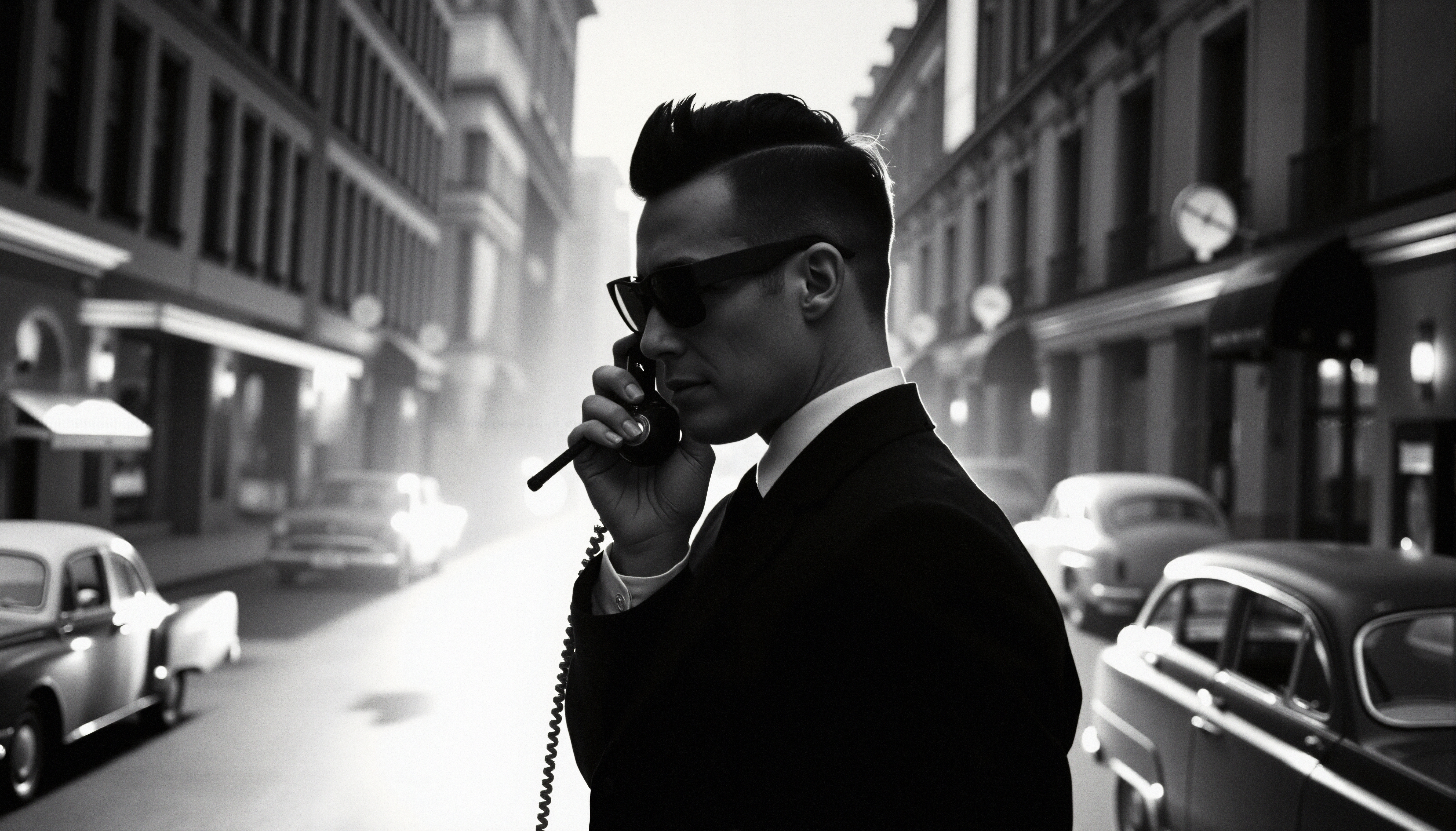 A man in a black suit and sunglasses stands on a street with vintage cars, holding a telephone, in a black and white urban scene.
