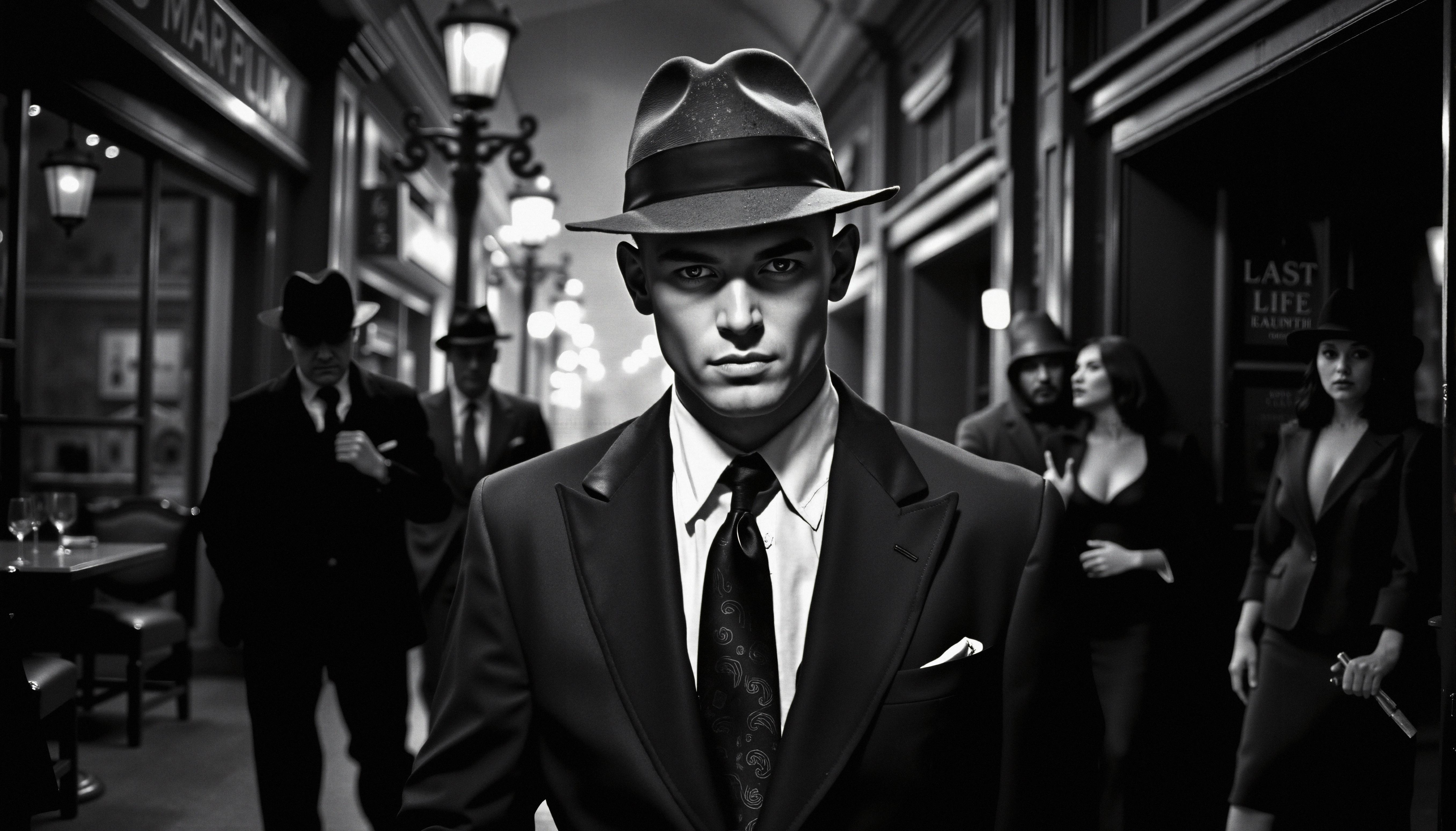 A group in 1920s attire walks through a noir-inspired, dim corridor, exuding mystery and elegance.
